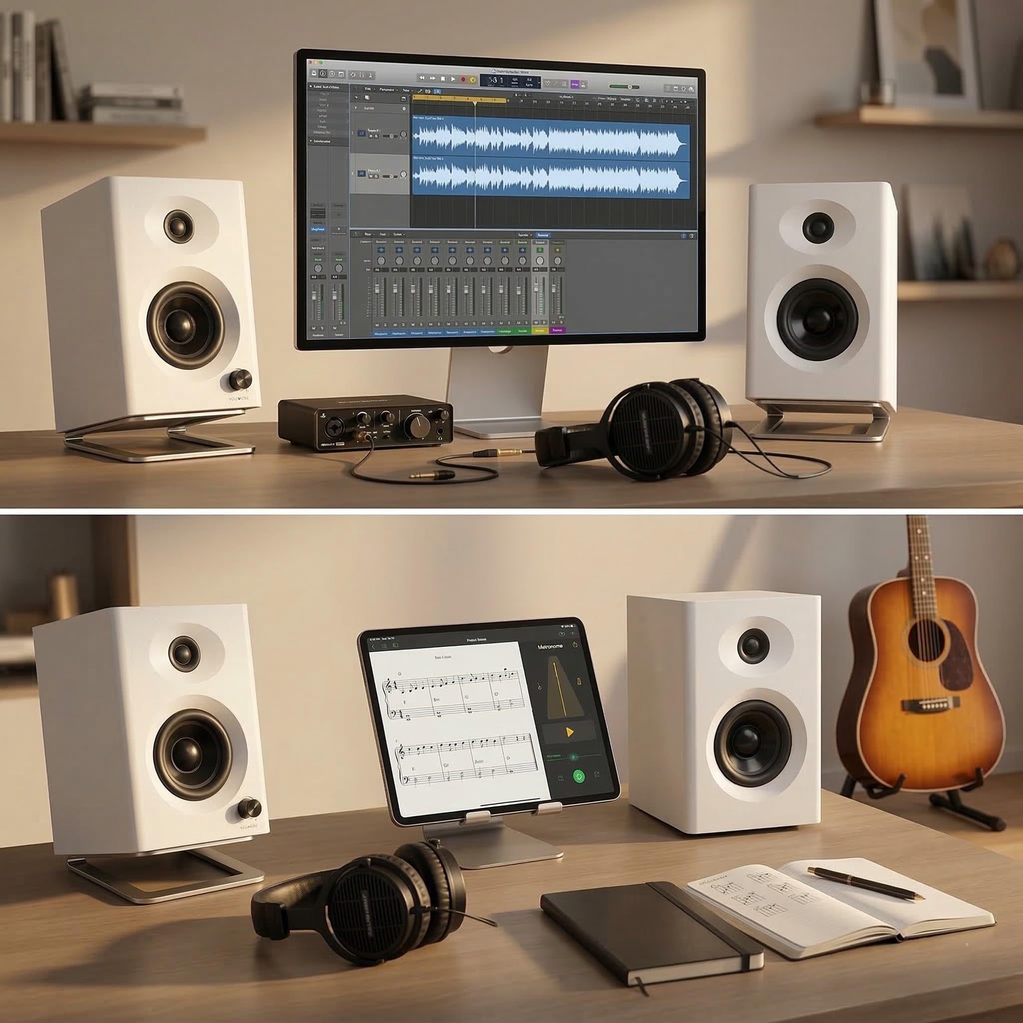 Haut-parleurs d'ordinateur Bluetooth 5.3 de 3 pouces pour PC avec son stéréo riche maximum de 60 W, entrées Aux-in/RCA, design compact pour jeux, bureau à domicile, studio, blanc