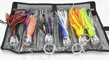 Fishing Lure Set of 6 Trolling Saltwater Skirted Lures Rigged Lures and Black Bag Included. Catch Any Predatory Pelagic Fish in The Ocean Including Dolphin, Tuna, and Wahoo!