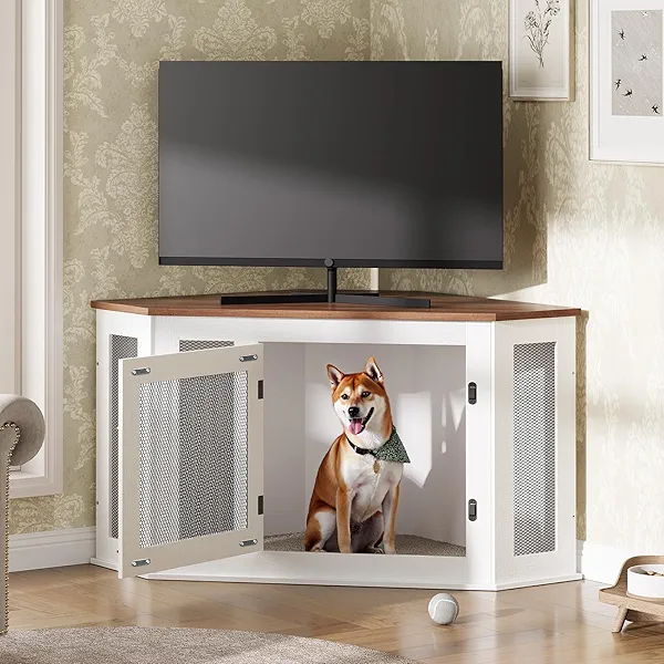 MAHANCRIS Corner Dog Crate Furniture, Wooden Dog Kennel End Table, Decorative Pet Crate Indoor Use, Furniture Style Dog House for Small Medium Dog, Dog Cage TV Stand, White and Walnut DCBA0801