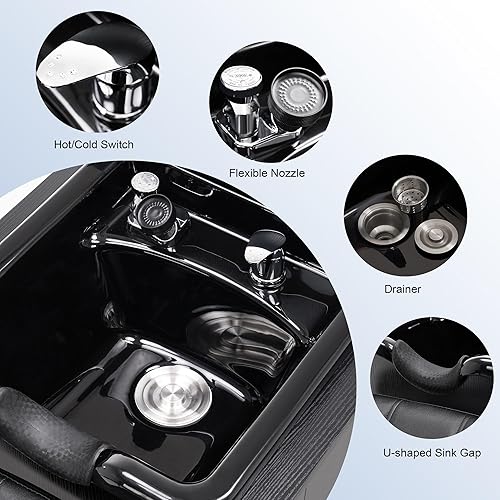 Miniatura 2 de BarberPub Estación de fregadero de retrolavado de champú con cuenco de champú, equipo de belleza de salón de spa 6154-7134, negro