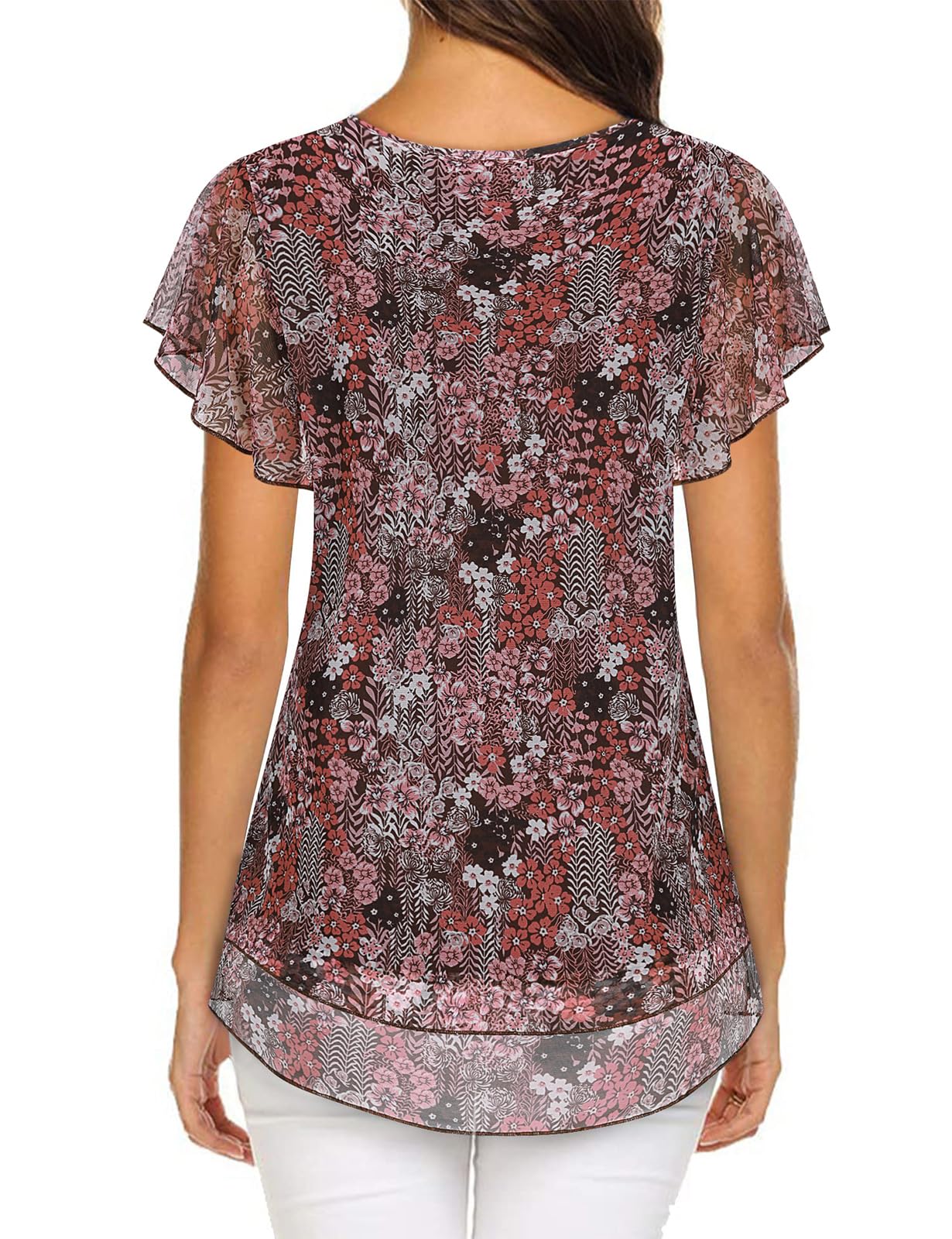 Syphiby Top da donna con scollo a V, top a maniche corte con volant, camicetta a tunica in rete