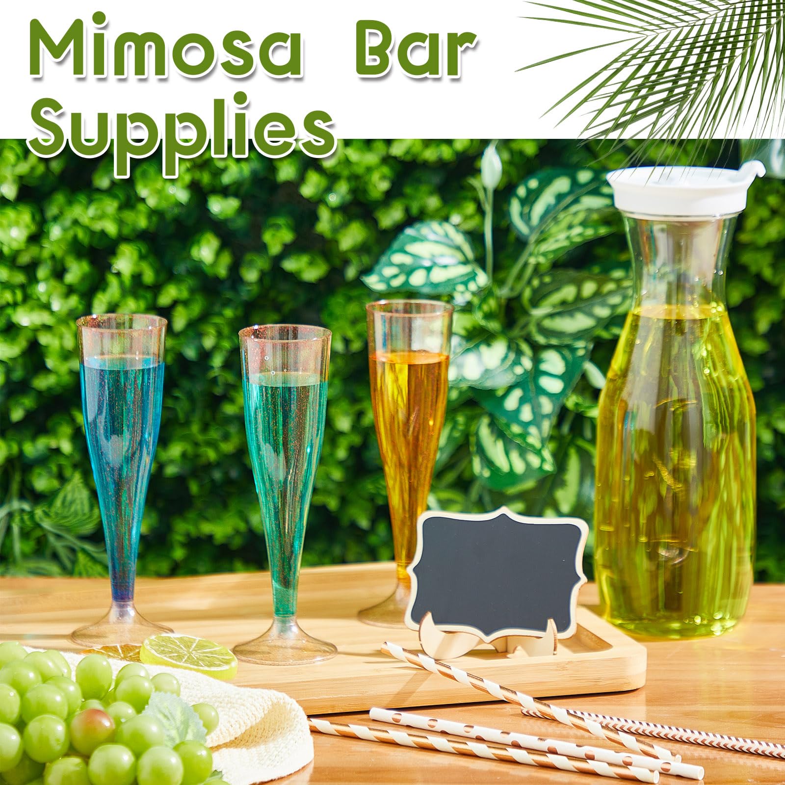 Mumufy 82 Pcs Mimosa Bar Supplies Plastic Water Carafe with Lids Plastic Champagne Flutes Pitchers for Drinks with Serving Bowls Serving Tongs Chalkboard Stickers Straws (Mixed Colors, Groovy)