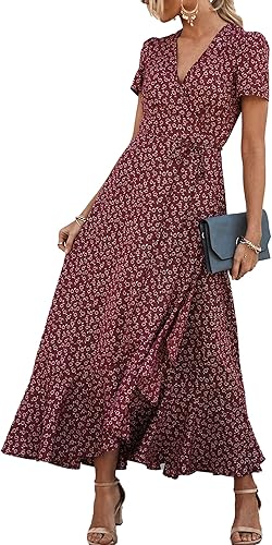 PRETTYGARDEN Women's Summer Maxi Dress Casual Wrap Floral Boho Short Sleeve V Neck Split Ruffle Beach Long Dresses