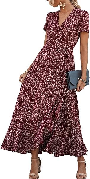 PRETTYGARDEN Women's Summer Maxi Dress Casual Wrap Floral Boho Short Sleeve V Neck Split Ruffle Beach Long Dresses