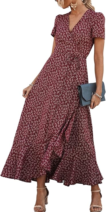 PRETTYGARDEN Women's Summer Maxi Dress Casual Wrap Floral Boho Short Sleeve V Neck Split Ruffle Beach Long Dresses
