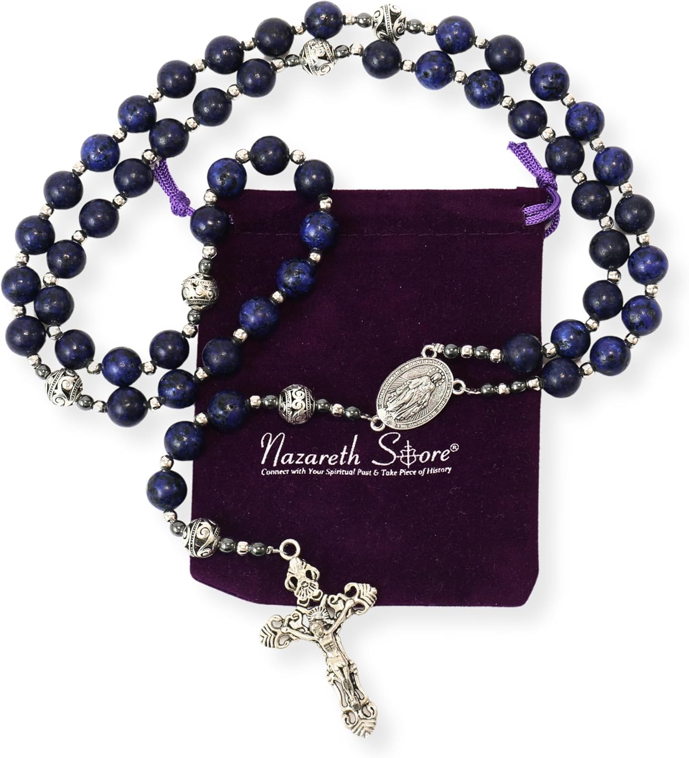 Nazareth Store Genuine Rosary Stone Beads Necklace Metal Beaded Glory Beads Miraculous Medal & Silver Cross Crucifix For Men and Womens - Image 3