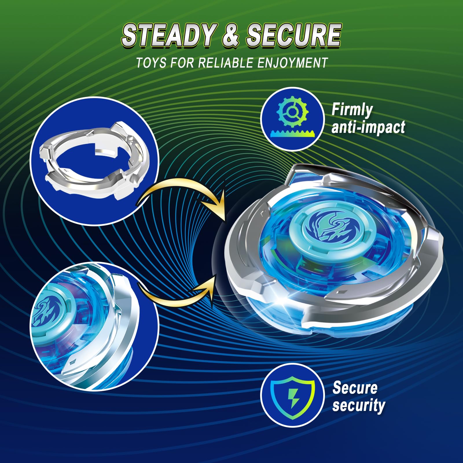 INFINITY NADO S7 Peonza 2PCS con 2 Rack Lanzadores, peonzas metálica Tipo equilibrado/Resistencia Rotación Derecha, Juguete para niños y niñas 5-12 años, Azul y Verde