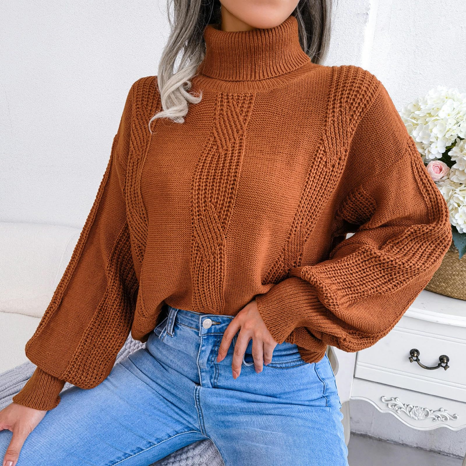 Maglione Donna Signore da Donna Torno Rotola di Tartaruga per Tartaruga per Maglione Semplice Manica Lunga-Marrone-l