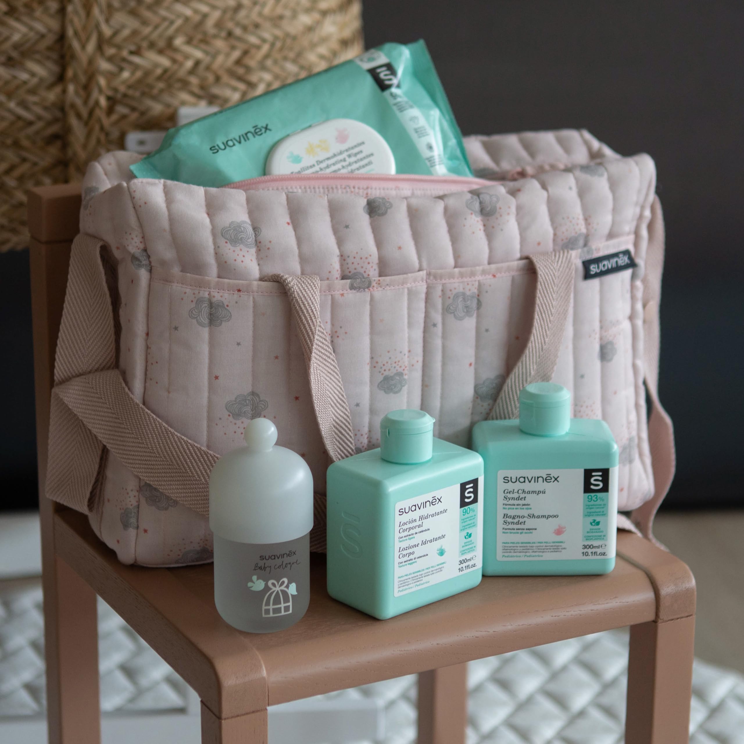 Suavinex, Bolso Carro Bebé con Cosmética: Gel Champú Syndet 300 ml + Loción Hidratante 300 ml + Pomada Pañal 50 ml + Baby Cologne 100 ml + Toallitas 60 Uds. Regalo Recién Nacido, Canastilla Bebé, Rosa - 4