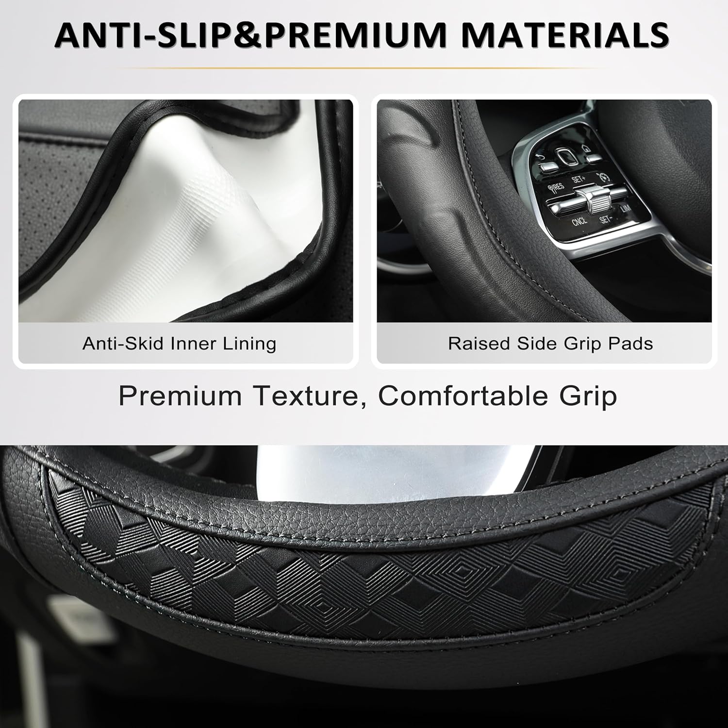 Black Seal Custom-Fit Steering Wheel Cover for Toyota Camry, Corolla, RAV4, 14.5–15", Anti-Slip PU Leather (Black)