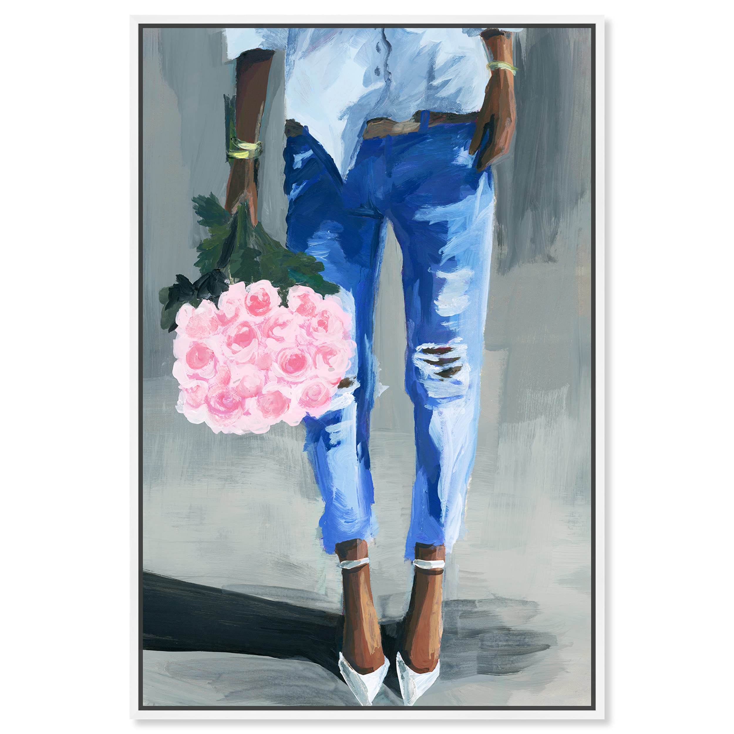 Fashion and Glam Framed Wall Art Canvas Prints 'Me and My Bouquet' Outfits Home Décor, 30" x 45", Pink, Blue