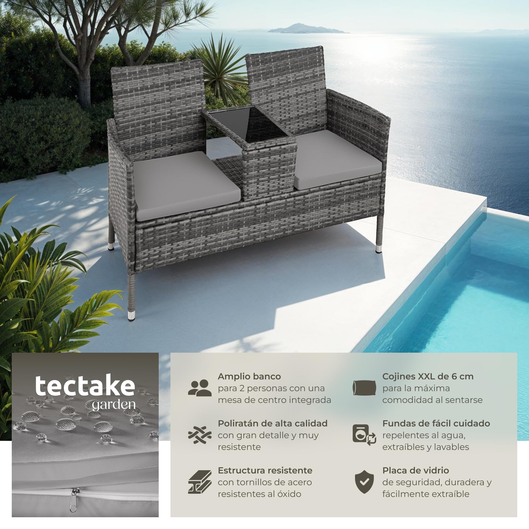 tectake® Banco Exterior con Mesa Integrada, 133 x 63 x 84 cm, Resistente a la Intemperie, Cojín de Asiento de 6 cm, Conjunto de Banco de Jardín para 2 Personas - Gris/Gris Claro
