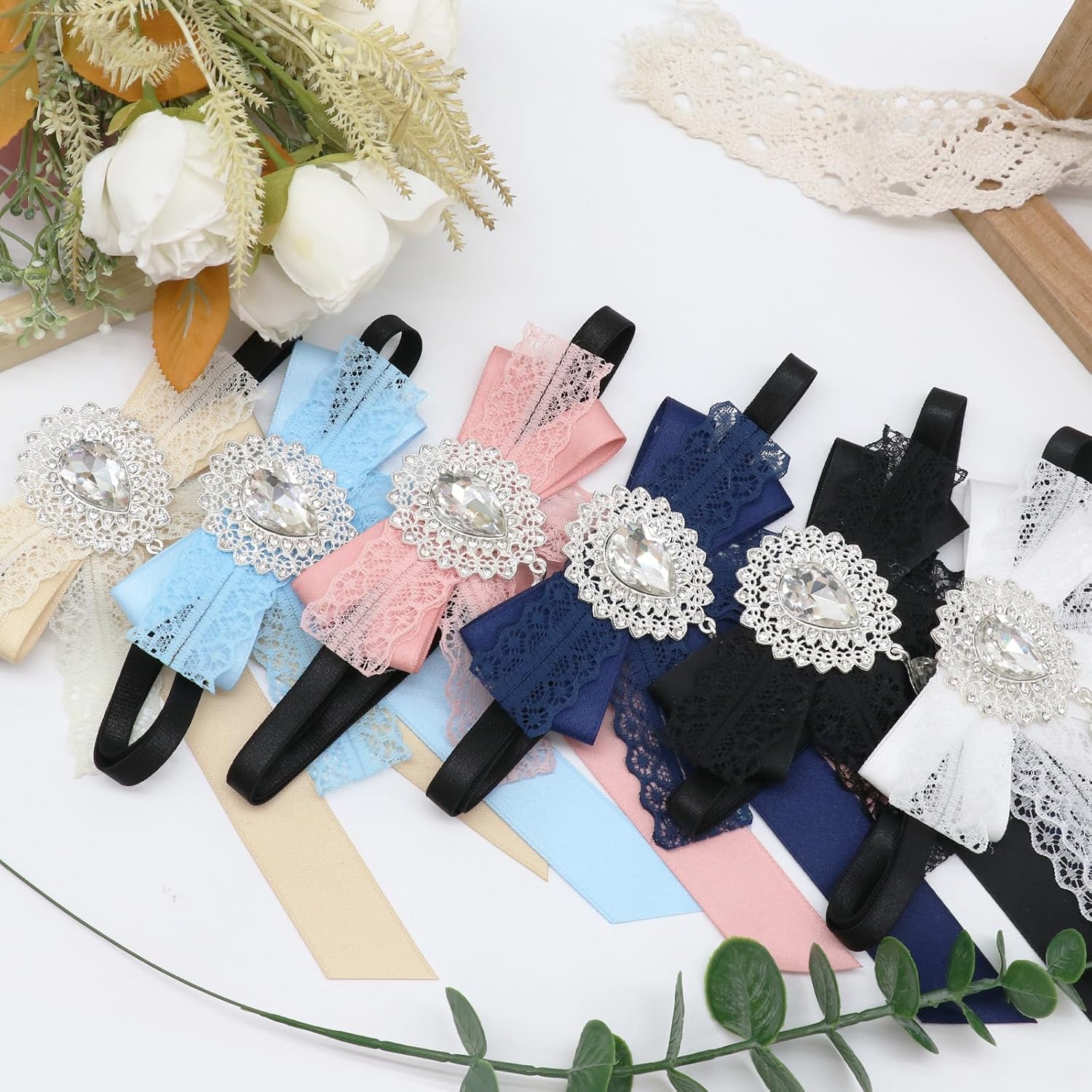 Lace Bow Tie for Women, Rhinestone Pre-tied Bow Ties Ribbon Ladies Bowtie for Party Cosplay School Uniform Leisure