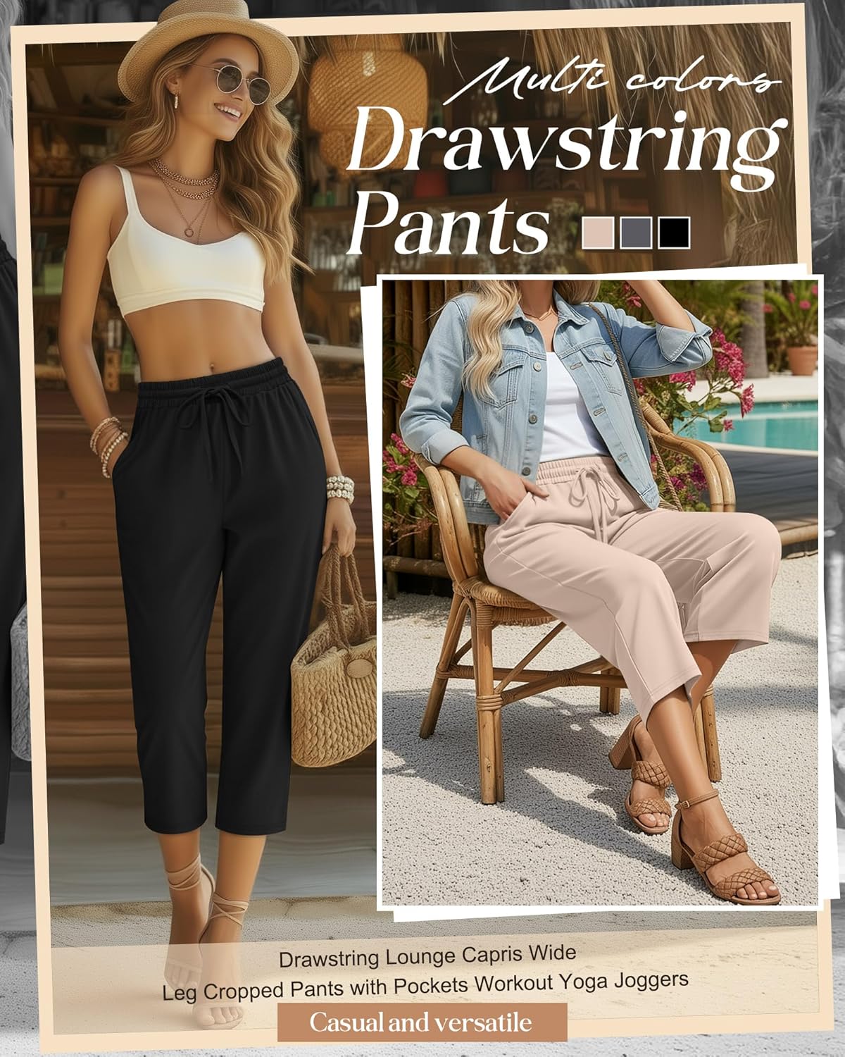 Huukeay 3 Pack Women's Capri Pants, Drawstring Lounge Capris Wide Leg Cropped Pants with Pockets Workout Yoga Joggers - Image 4