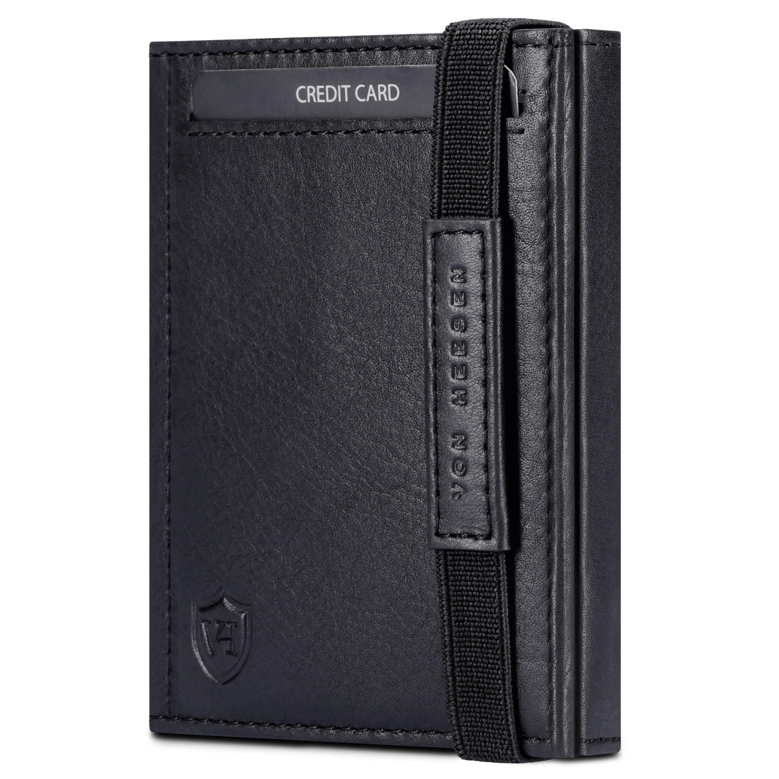 VON HEESEN Slim Wallet mit Münzfach & RFID Schutz - Leder Geldbörse Herren klein - Mini Geldbeutel Damen Portmonee - Kartenetui Echtleder Karten Portemonnaie - Kreditkartenetui Schwarz glatt