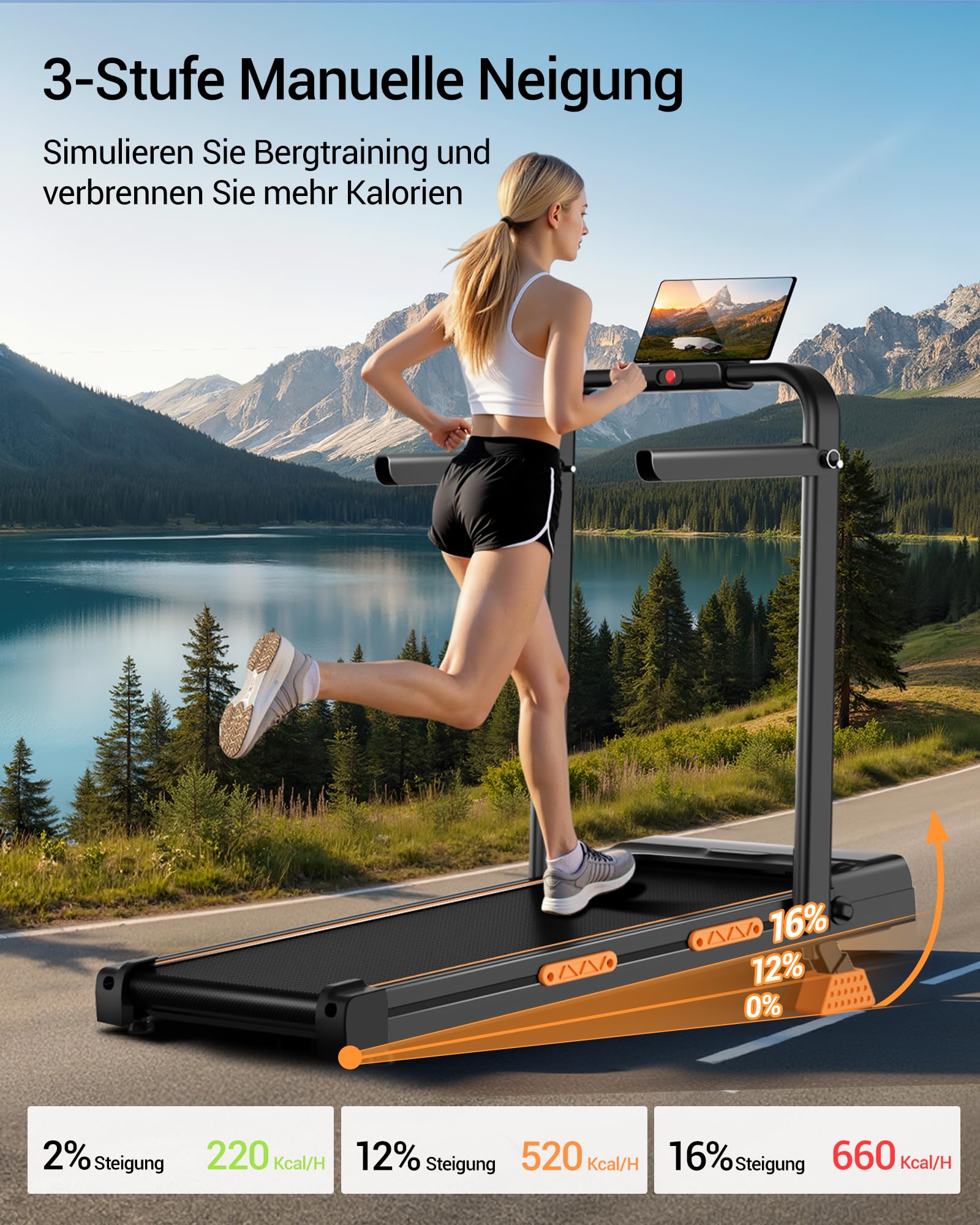 LONTEK Walking Pad Klappbar mit Steigung 10KM/H, 16% Laufband für Zuhause Klappbar mit Steigung, LED Anzeige, Fernbedienun, Laufbänder mit Handläufen, 3.0 HP Treadmill for Home, Belastung 159KG