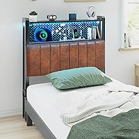 Vista 22 de VINGLI Cabecera de tamaño Queen con almacenamiento y LED, cabecera tapizada ajustable con estantes de 3 niveles y tablero de clavijas, cabecera