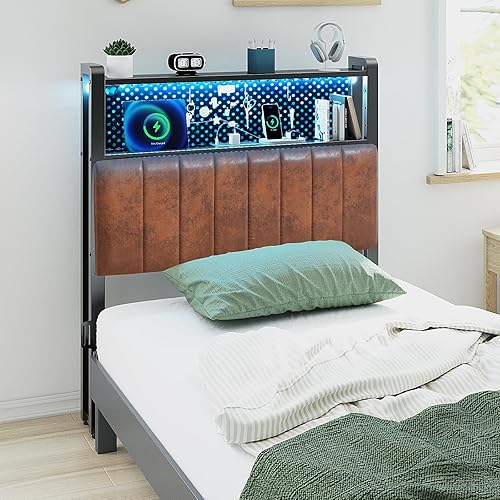 Miniatura 22 de VINGLI Cabecera de tamaño Queen con almacenamiento y LED, cabecera tapizada ajustable con estantes de 3 niveles y tablero de clavijas, cabecera