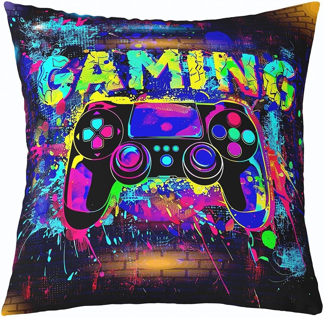 jejeloiu Game Console Throw Pillow Covers 1 Pcs Gaming Cushion Case Colorful Modern Buttons Video Decor Pillowcase Teen Boy Room Decor Indoor Outdoor Controller Pattern Design Super Soft 16 x 16-Inch