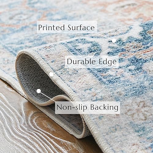 Miniatura 4 de jinchan Alfombra de pasillo de 2 x 8 pulgadas, lavable, para interiores, vintage, suave, alfombra azul y naranja, alfombra retro envejecida,