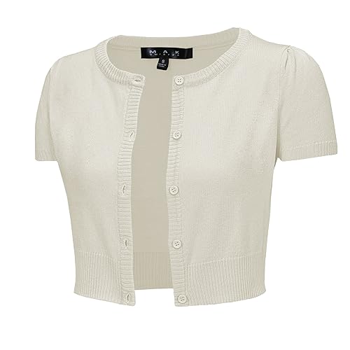 YEMAK Women's Cropped Bolero Cardigan – Short Sleeve Crewneck Basic Classic Casual Button Down Knit Soft Sweater Knitted Top - Oatmeal - Medium