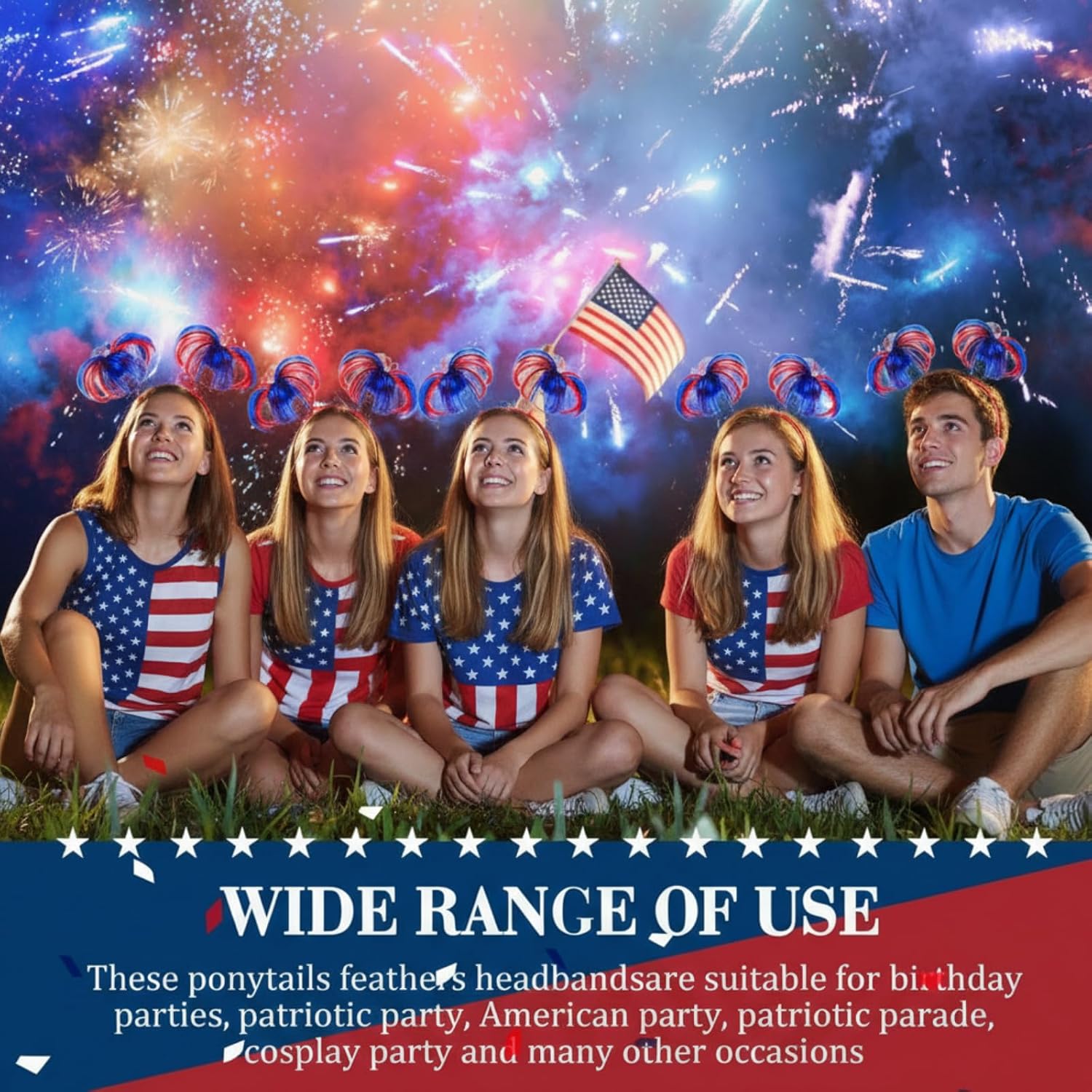 Jexine 12 Pieces Patriotic Head Boppers Headband 4th of July 250th Anniversary Party Favors Pom Pom Headbands Cheerleading Headbands Tinsel Wrapped Ponytails Headbopper Accessories for Women