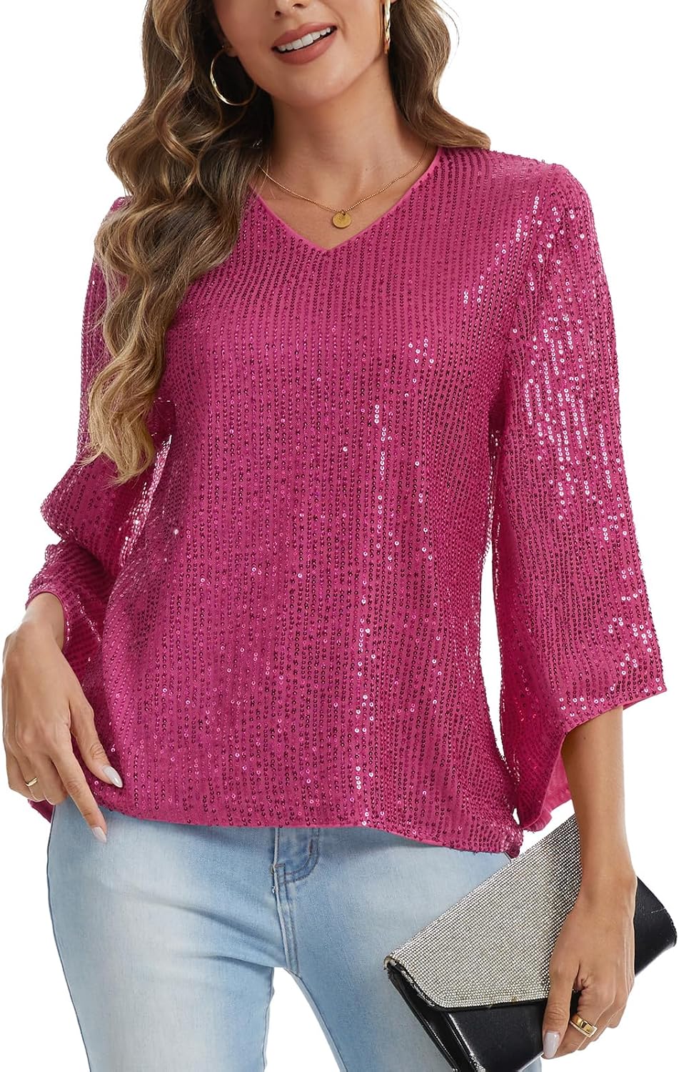 MINTLIMIT Women's Sequin Top V Neck 3/4 Sleeve Glitter Shirts Party Blouses