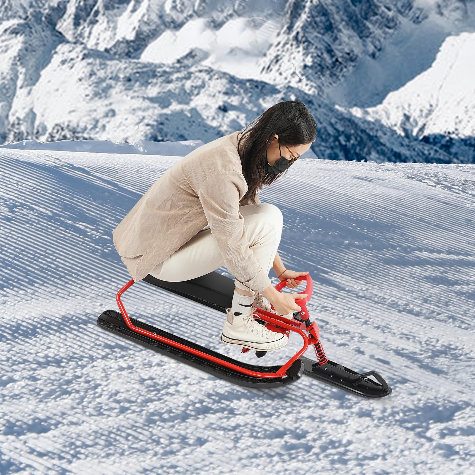 Luge d'hiver avec volant, luge de ski pour adultes avec volant pour sports d'hiver, snowboard avec grande capacité de charge jusqu'à 100 kg, pour le ski et la luge par temps froid