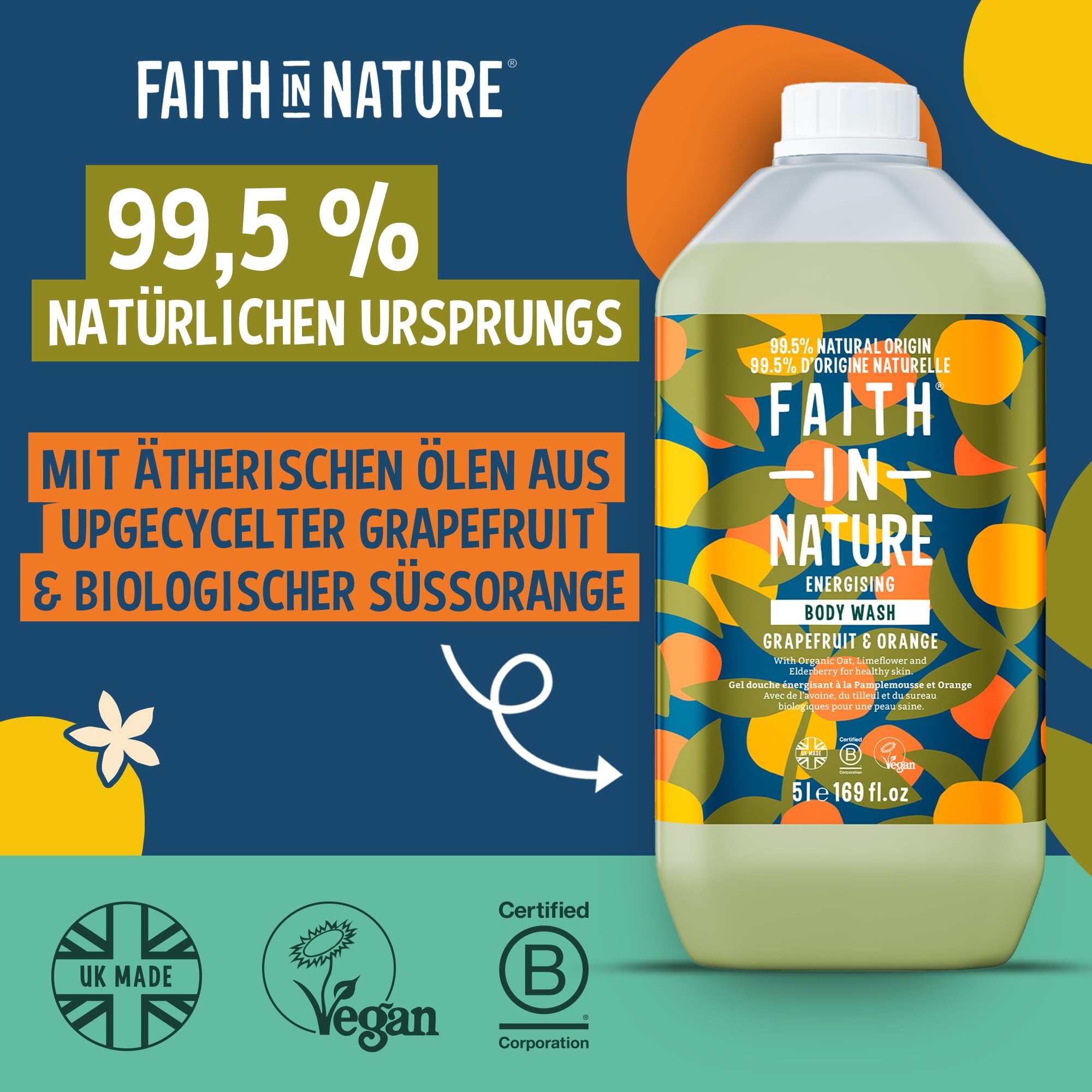 Faith In Nature Natürliches Grapefruit & Orange Duschgel, Energiespendendes Duschgel, Vegan und tierversuchsfrei, Ohne SLS oder Parabene, 5 L Nachfüllpack