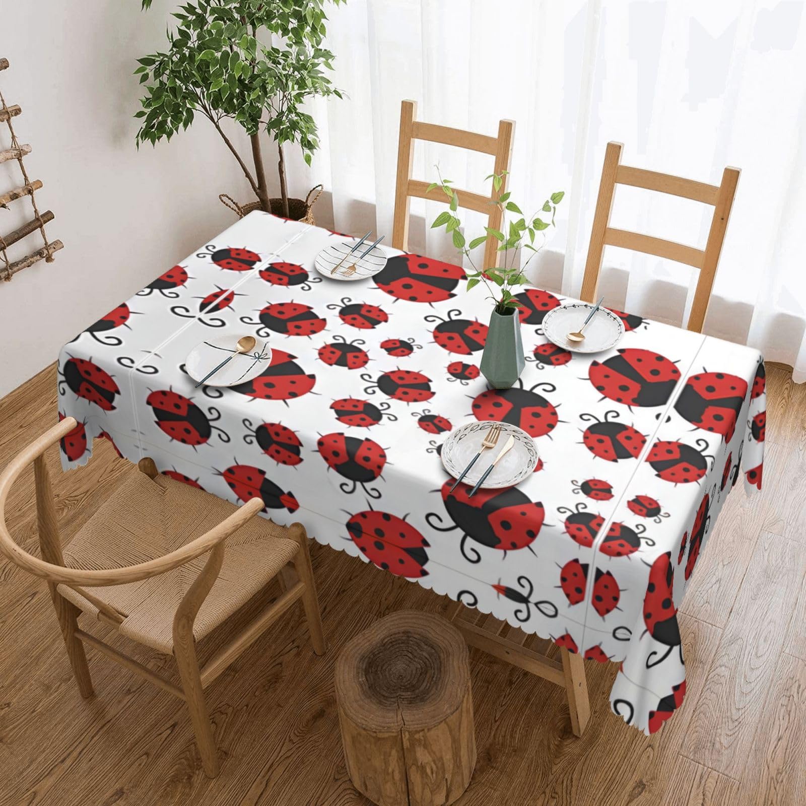 QAZWZML Funny Ladybug Printed tablecloth, made of thick polyester with lace trim, suitable for dining rooms, picnics, and weddings