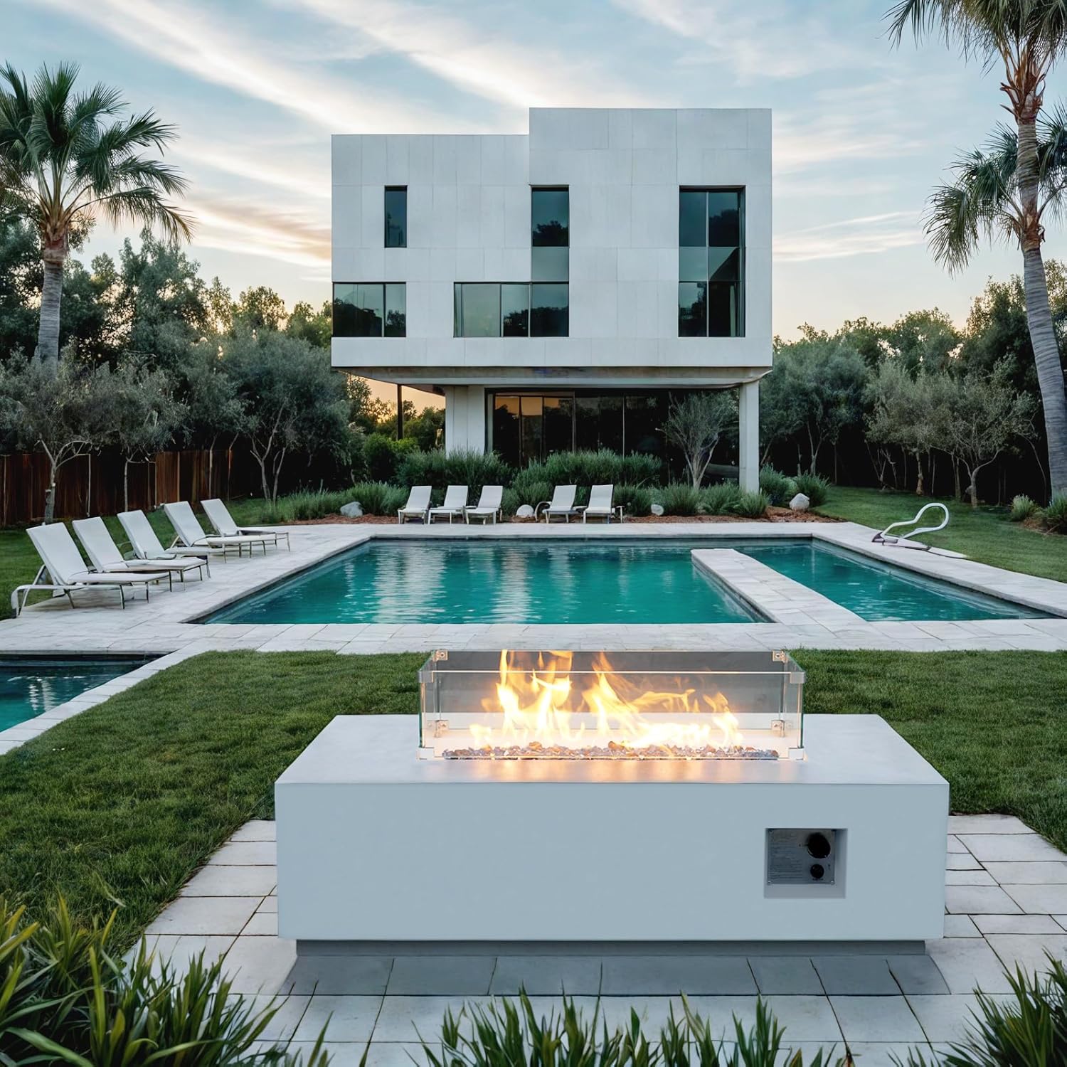 EXPLUX Outdoor Propane Gas Fire Pit Table 65,000 BTU 52-inch Concrete(GFRC) Rectangle Fire Pit for Outside Patio with 304 Stainless Steel Burner,Wind Guard,Crystal Blue Fire Glass,Rain Cover,White