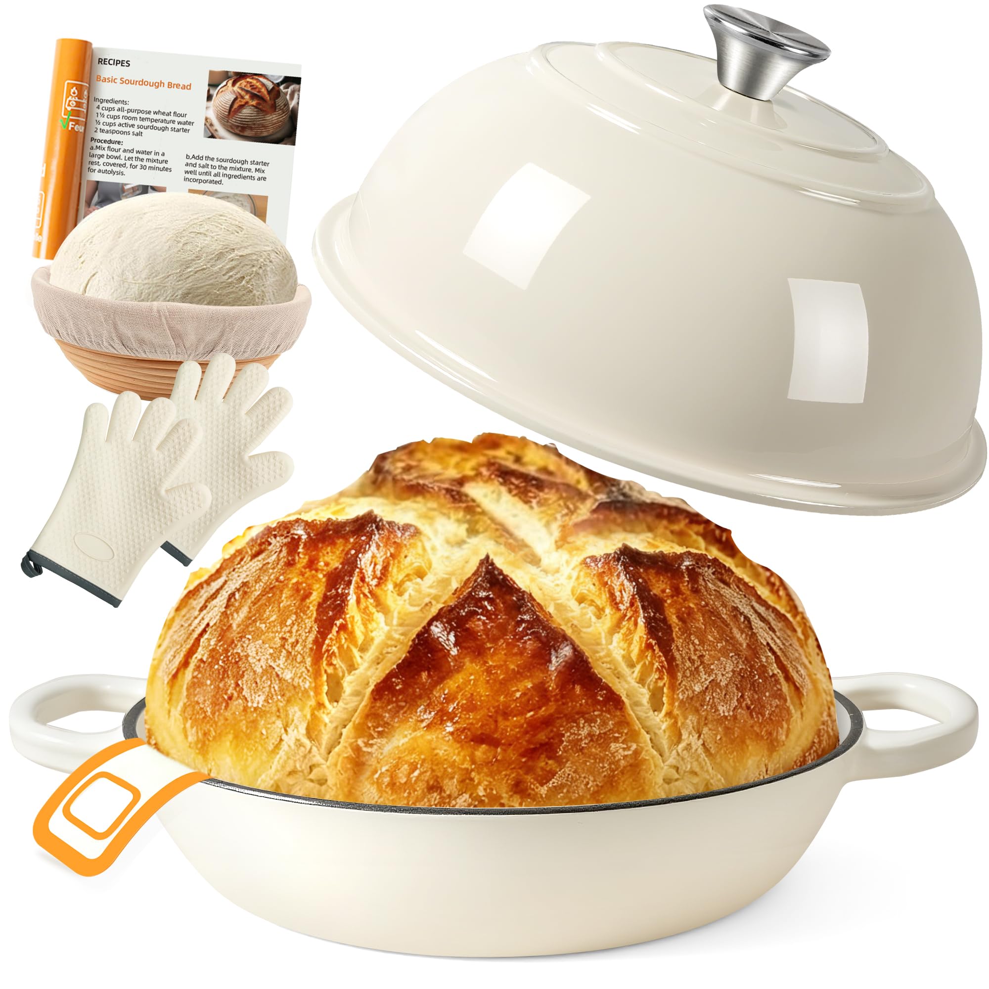 AHJ Cocotte en Fonte Émaillée, 5,7L/26cm Casserole Fonte Emaillee | Dutch Oven avec Pain Banneton,Émaillée Cocotte Pain avec Couvercle,pour Cuisine,Cuisson au Four,Mijotage et Saisissage