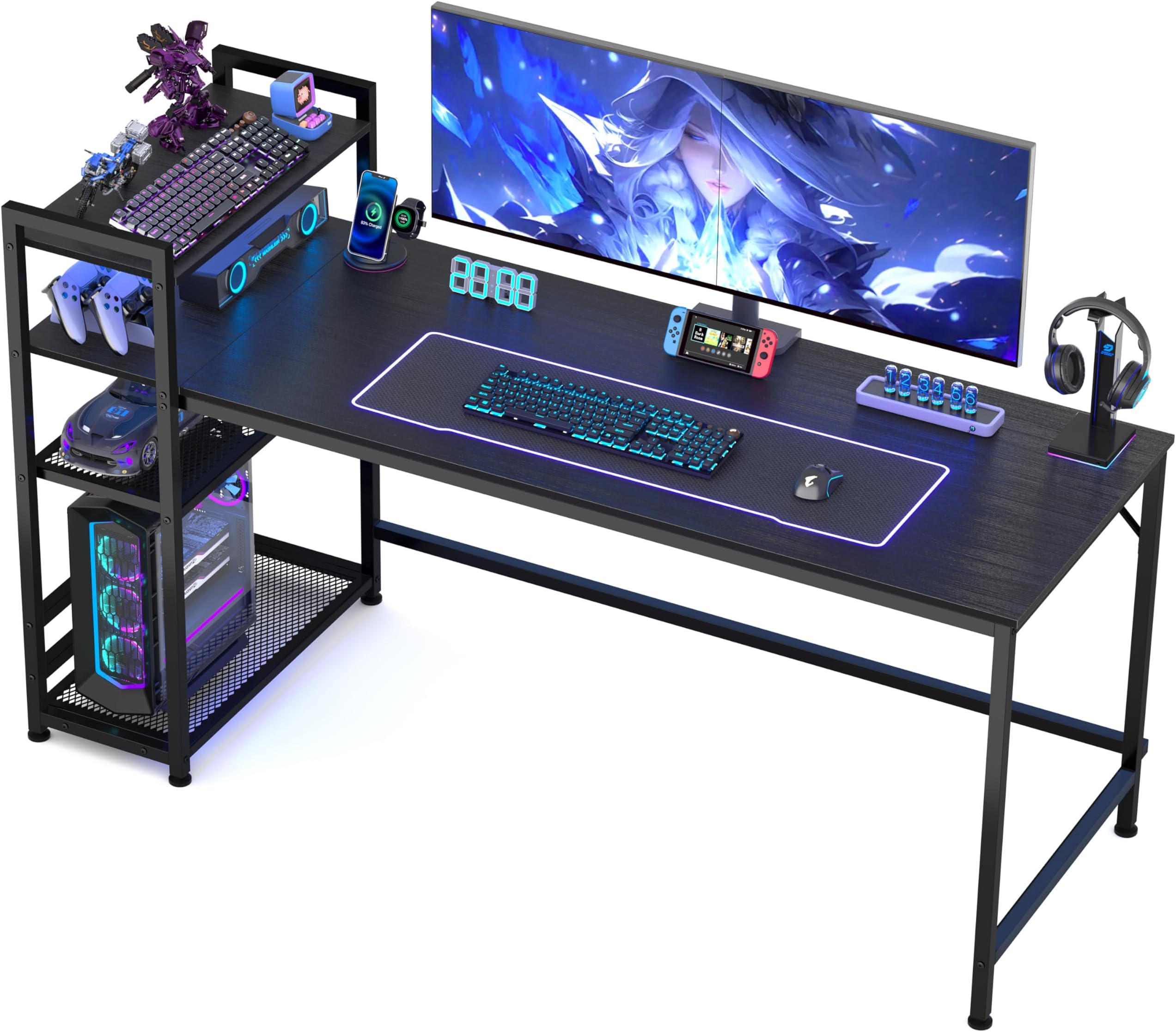 HOMIDEC Desk, 160x60cm Computer Desk with Bookshelf, 110cm Height Study Computer Laptop Table with 4 Tier DIY Storage Shelves Writing Table for Home Office Bedroom