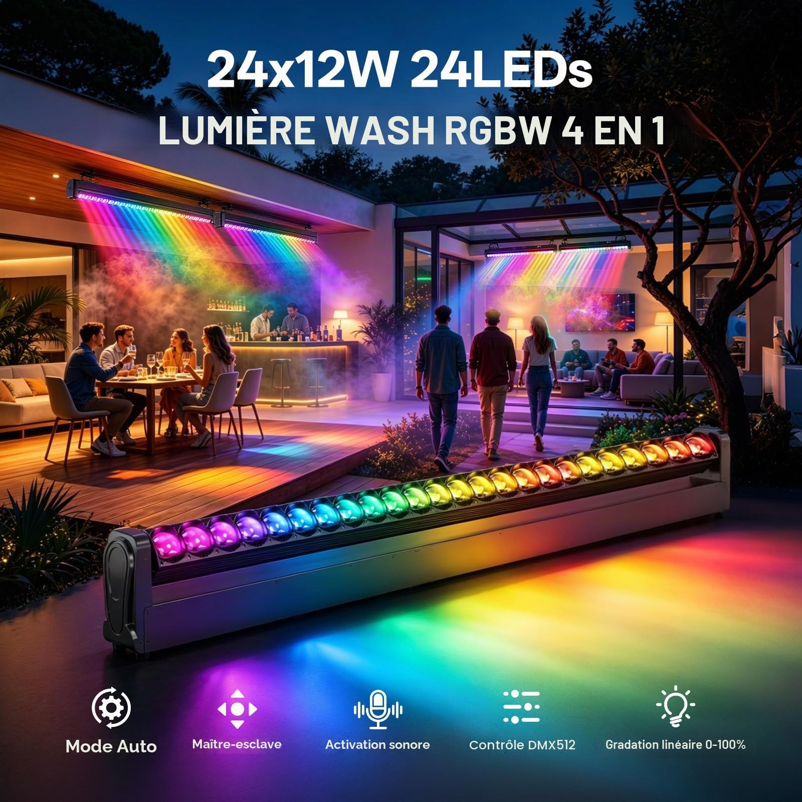 2PCS Barre de Projecteurs Wash Lyre LED RGBW 24x12W, Faisceau 2° Stroboscope et Variateur d-mx512 Activée par le Son pour Scène Mariage DJ Soirée Club