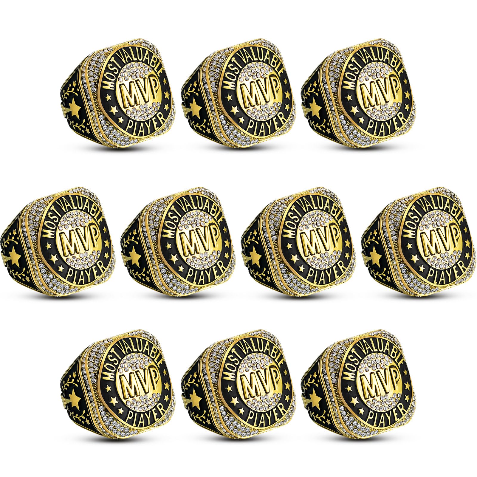 Highergo 10pcs Football Soccer Volleyball Baseball MVP Golf Championship Trophy Ring with Display Chain Stand Softball Basketball Cheerleading Bowling Track Field for Award Gift