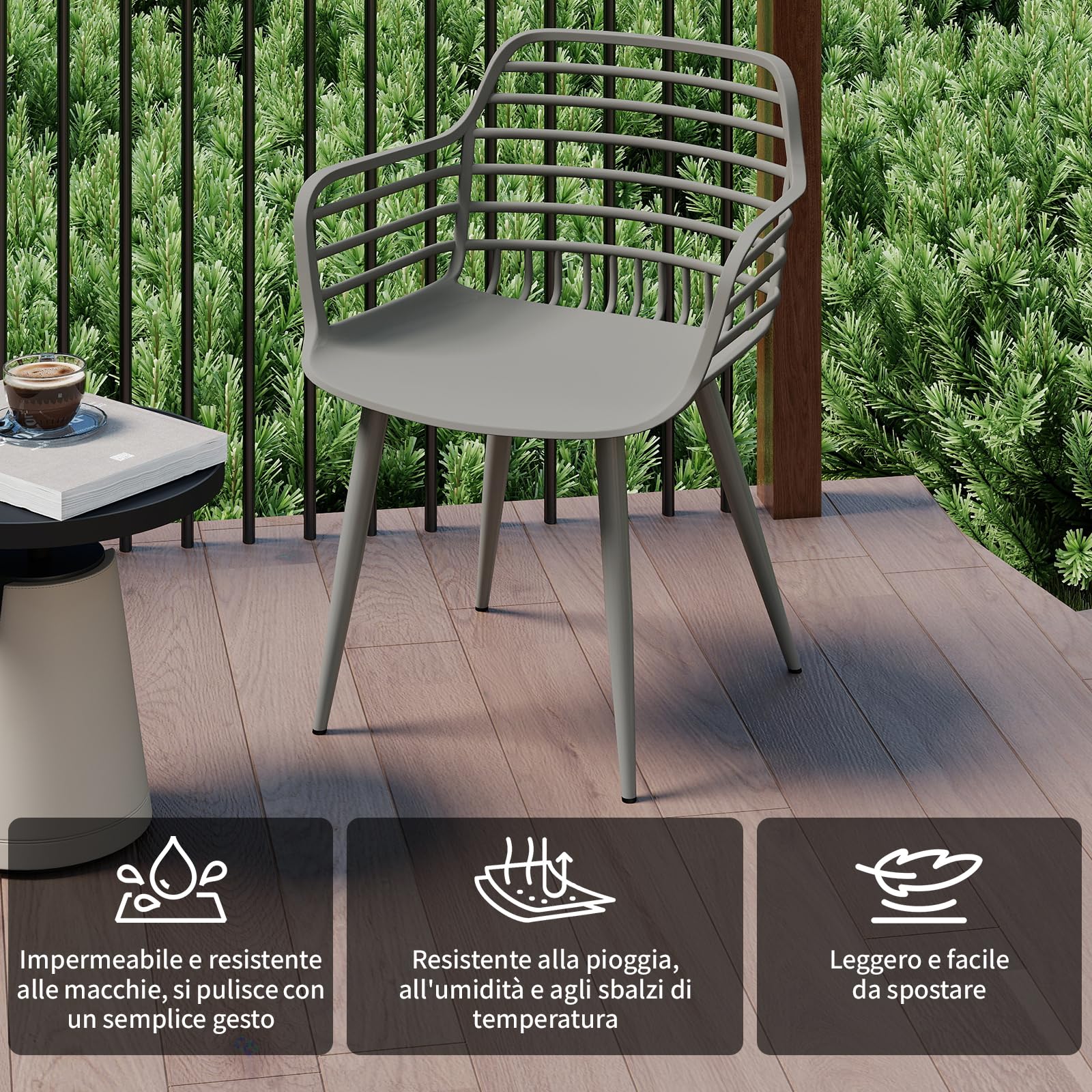 JIJIAN Set da 4 Sedie da Giardino con Braccioli Portata 120 kg Grigio | Plastica PP con Gambe in Ferro Traspirante Robusto Facile da Pulire Sedia Leisure per Balcone Giardino Terrazza Cucina