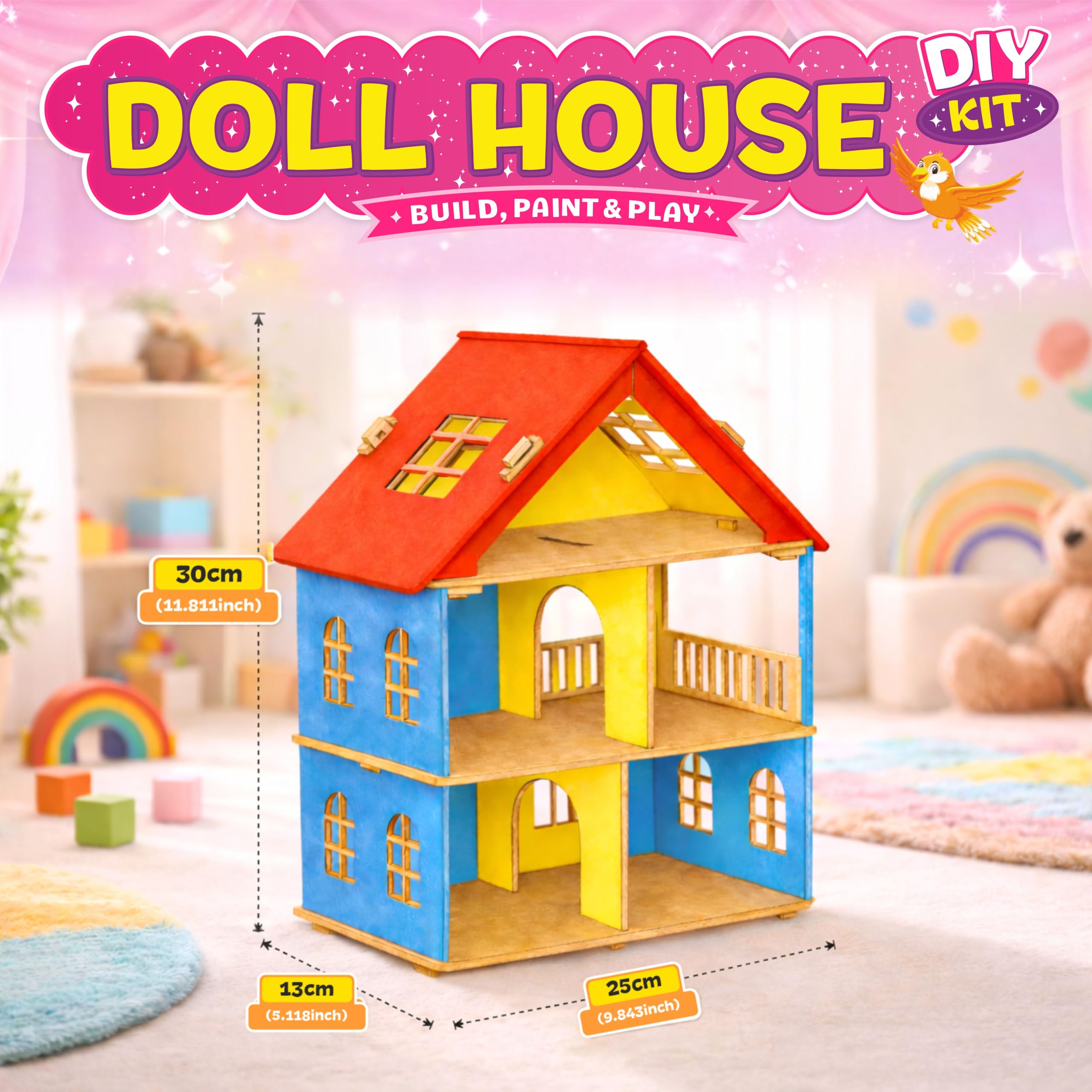 Clapjoy Big DIY Wooden Toy House Gift Kit with Miniature Furniture & Paint Set - Easy Assembly Doll House for Kids, Boys Girls 3 4 5 6 7 Year – Creative Play & Learning (Dolls House) 4