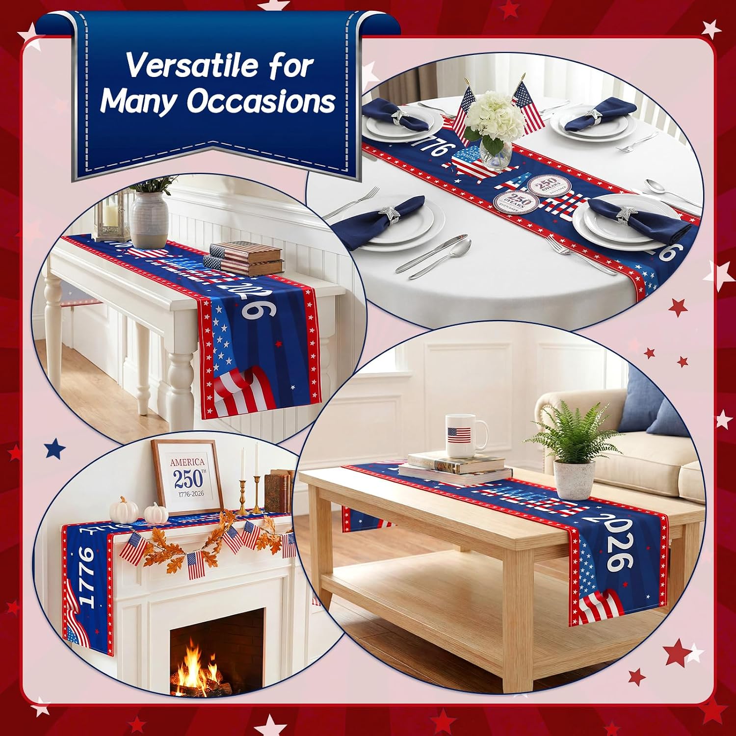 Haull 250th Anniversary Table Runner 13 x 72 Inch Polyester Patriotic Table Runner 1776-2026 250 Years Birthday Decoration for 250th Veterans Memorial Day Home Decor Supplies