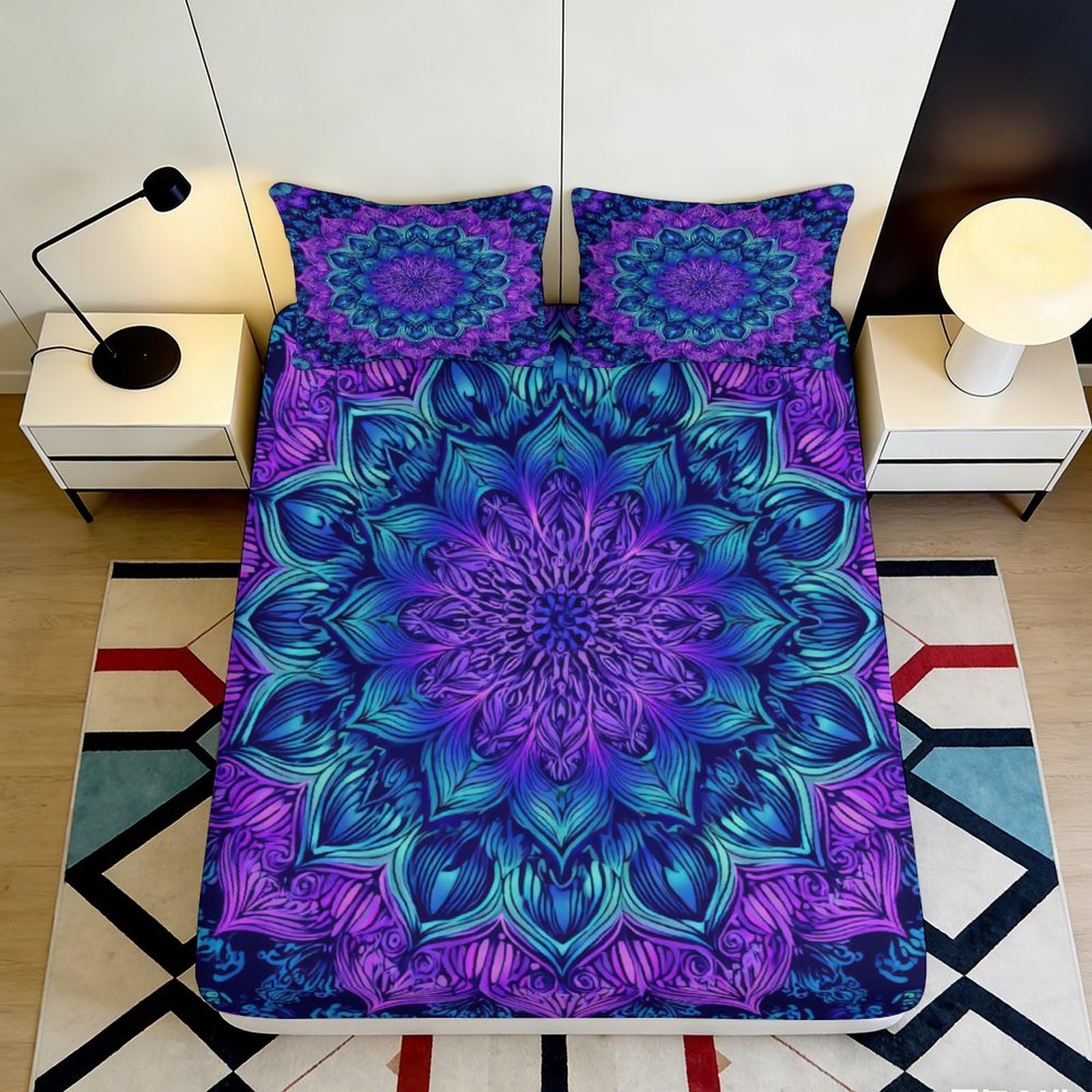 3D Printed Mandala Fitted Sheet Microfiber Deep Pocket Non-Slip Mandala Mattress Fitted Cover for Bedroom 200x200x25cm