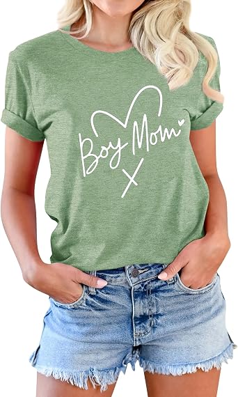 Womens Boy Mama Shirt Casual Letter Printed Boy Mom T-Shirts Short Sleeve Mothers Day Graphic Tee Tops