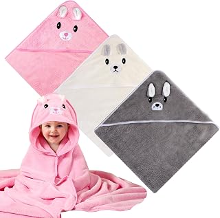 BORDEAG Hooded Towel Baby 3 Pieces, Baby Hooded Towel, Baby Towel, Hood, Super Absorbent Soft Baby Bath Towel, Hooded Towels, Baby with Cute Pattern, 80 x 80 cm Baby Bath Towels