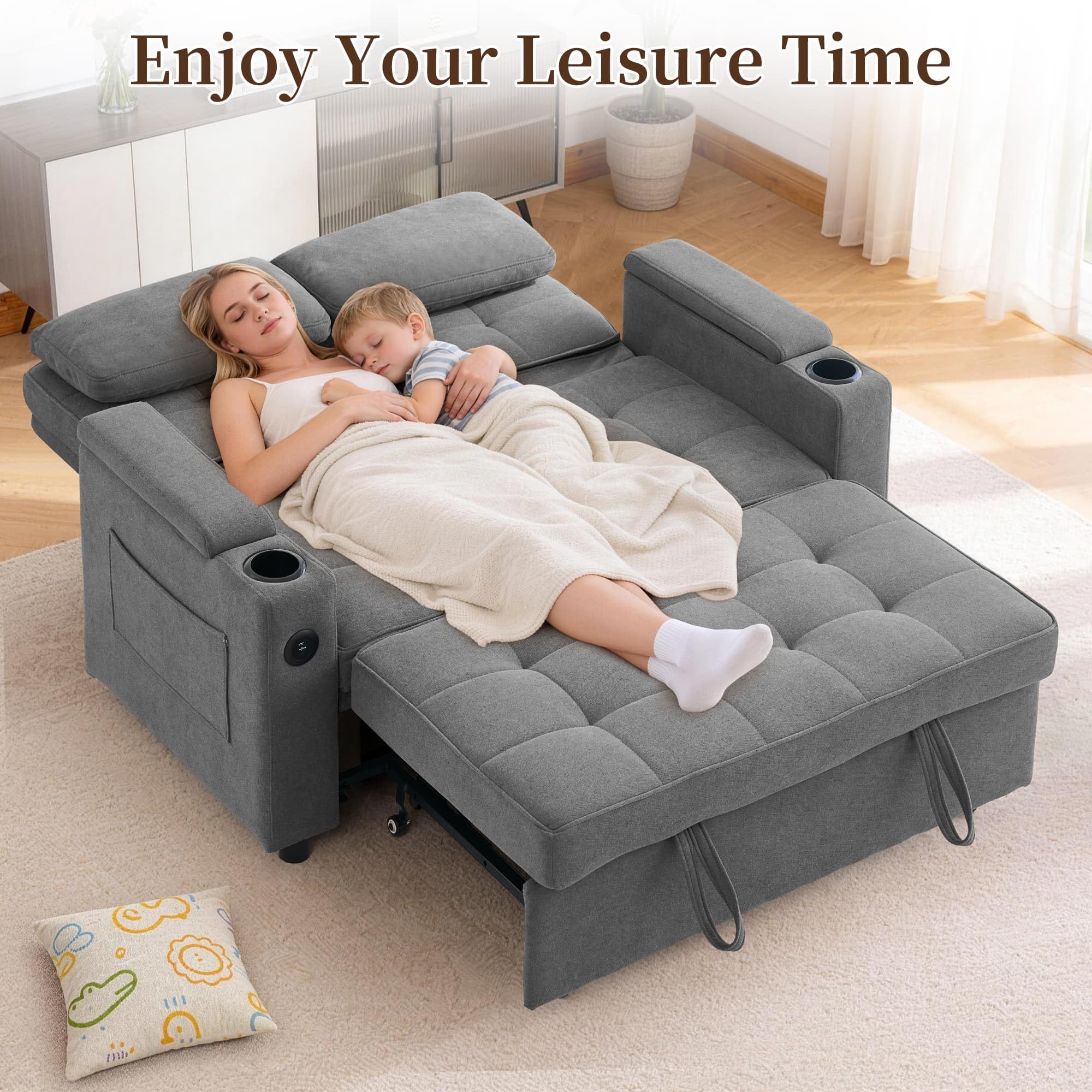 Korser 55.5'' 3-in-1 Convertible Sofa Bed, Pull Out Couch with 5-Position Adjustable Backrest, Loveseat Sleeper Sofa for Small Spaces, Sofa Couch with Cup Holders for Living Room, Office, Chenille