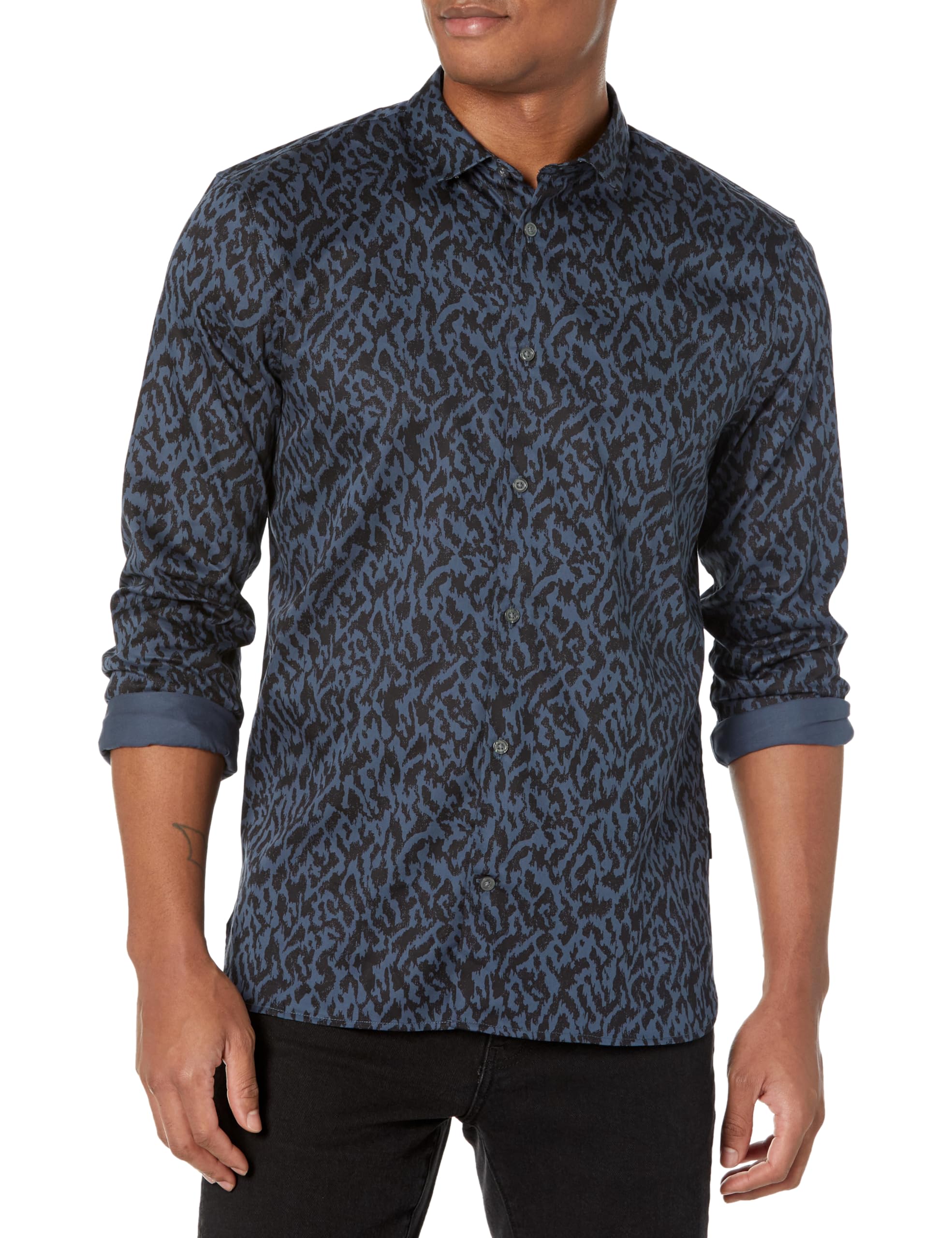 John Varvatos Men's Ross Shirt in Animal, Navy, XXL