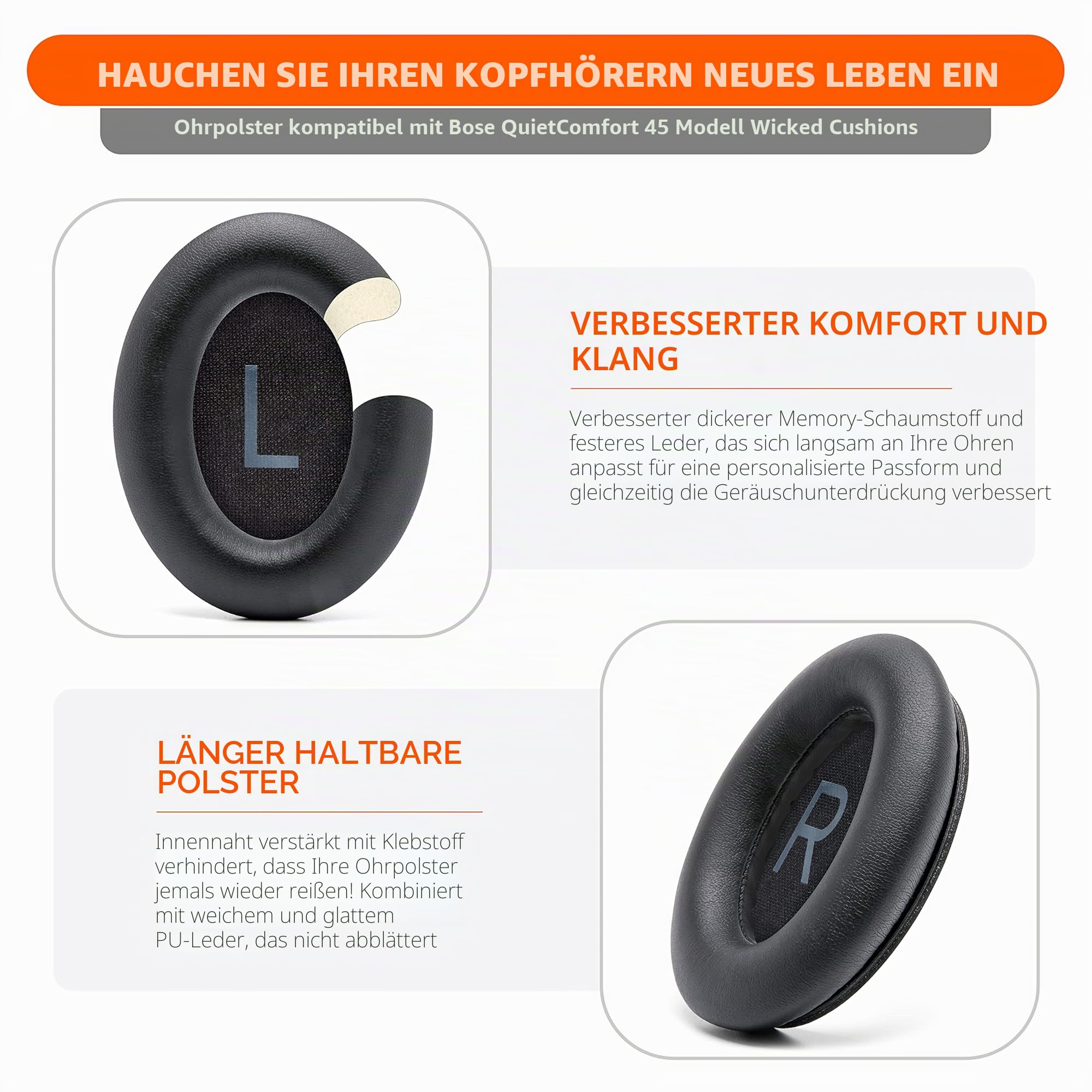 WC PadZ QC45 – Ohrpolster für Bose QuietComfort 45 / QuietComfort Se/QuietComfort Wireless, hergestellt von Wicked Cushions | Extra Dicke Polster | Hochwertige, langlebige Nähte | Black