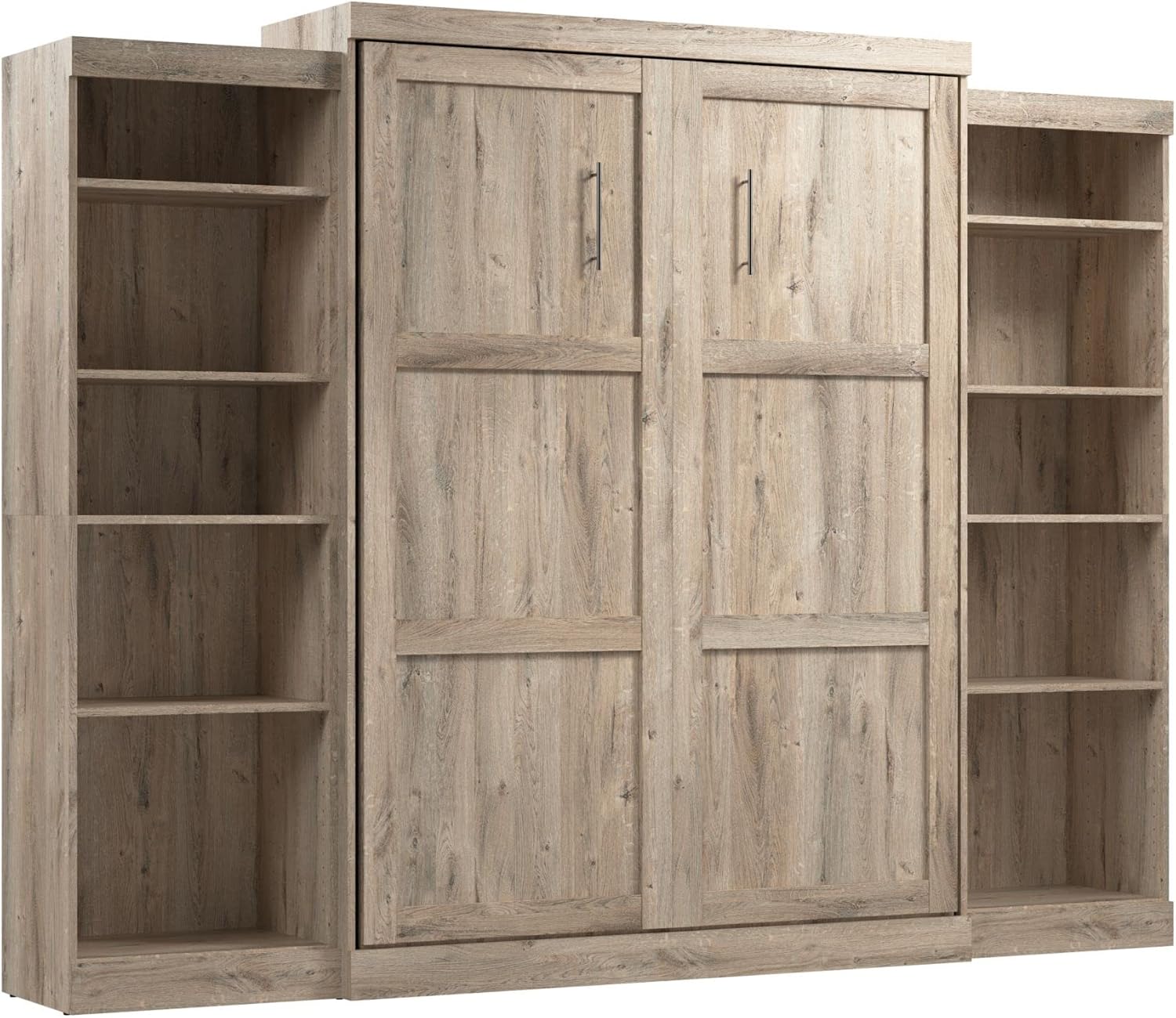 Bestar Pur Queen Murphy 2 Shelving Units, 115-inch Space-Saving Wall Bed with Storage, Rustic Brown