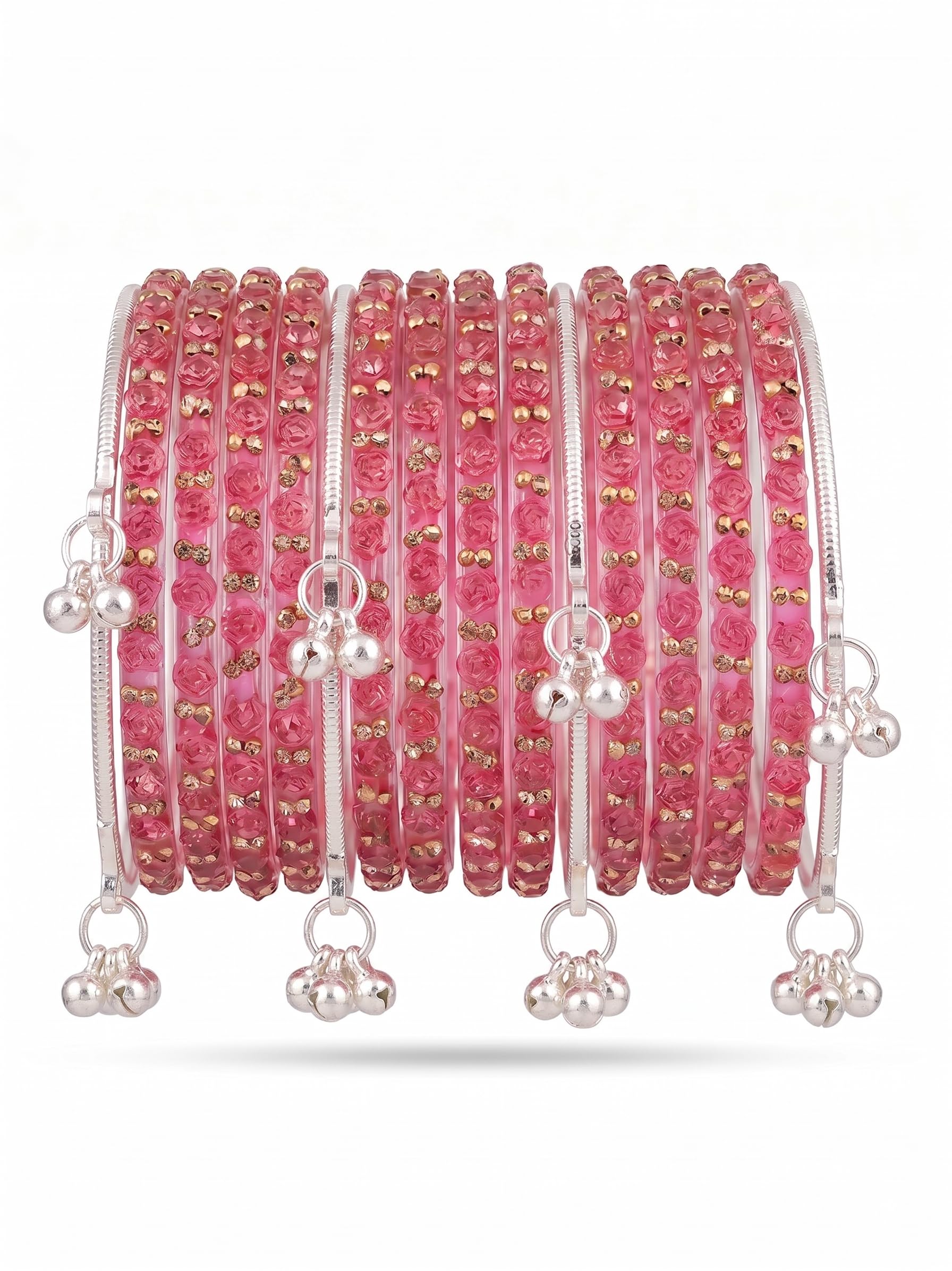 Premium Raindrop Stone Bangles Set for Women | 12 Designer Glass Bangles with Rose Design & 4 Kashmiri Silver Ghungroo Kada | Trending Ethnic Fashion Jewellery for Wedding & Festive-picture-23