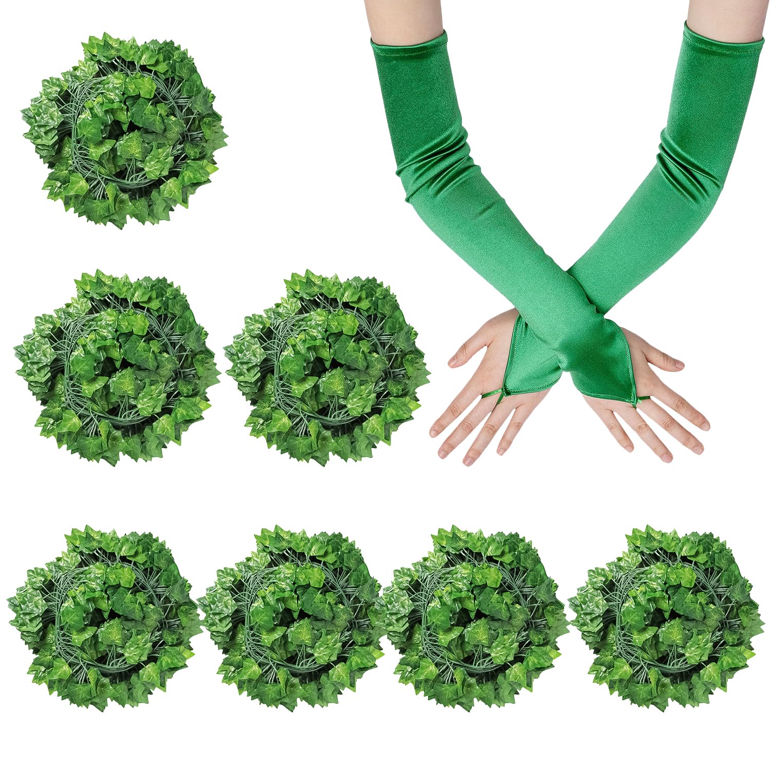 Lezevn 8Pcs Fake Leaves Cosplay Set Long Green Fingerless Gloves Artificial Vines Fake Leaves for Halloween Party Costume