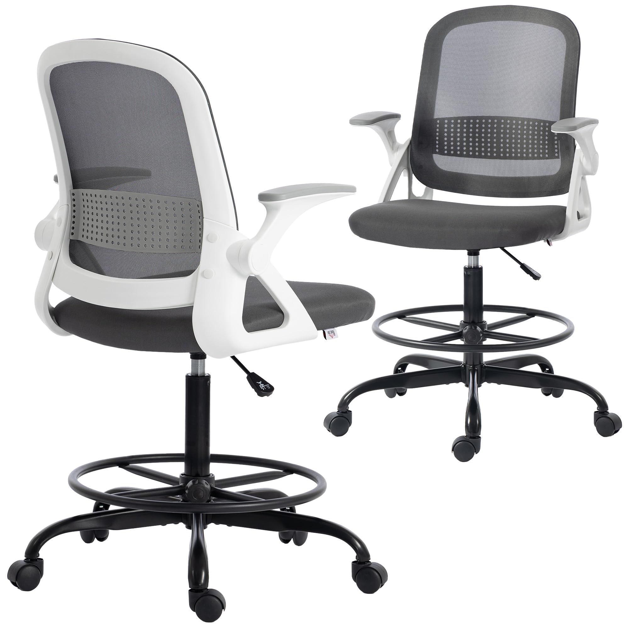 HOMCOM Drafting Chair, Tall Office Desk Chair with Flip-up Armrests, Adjustable Height and Footrest, Lumbar Support for Standing Desk, Home Office Use, Grey