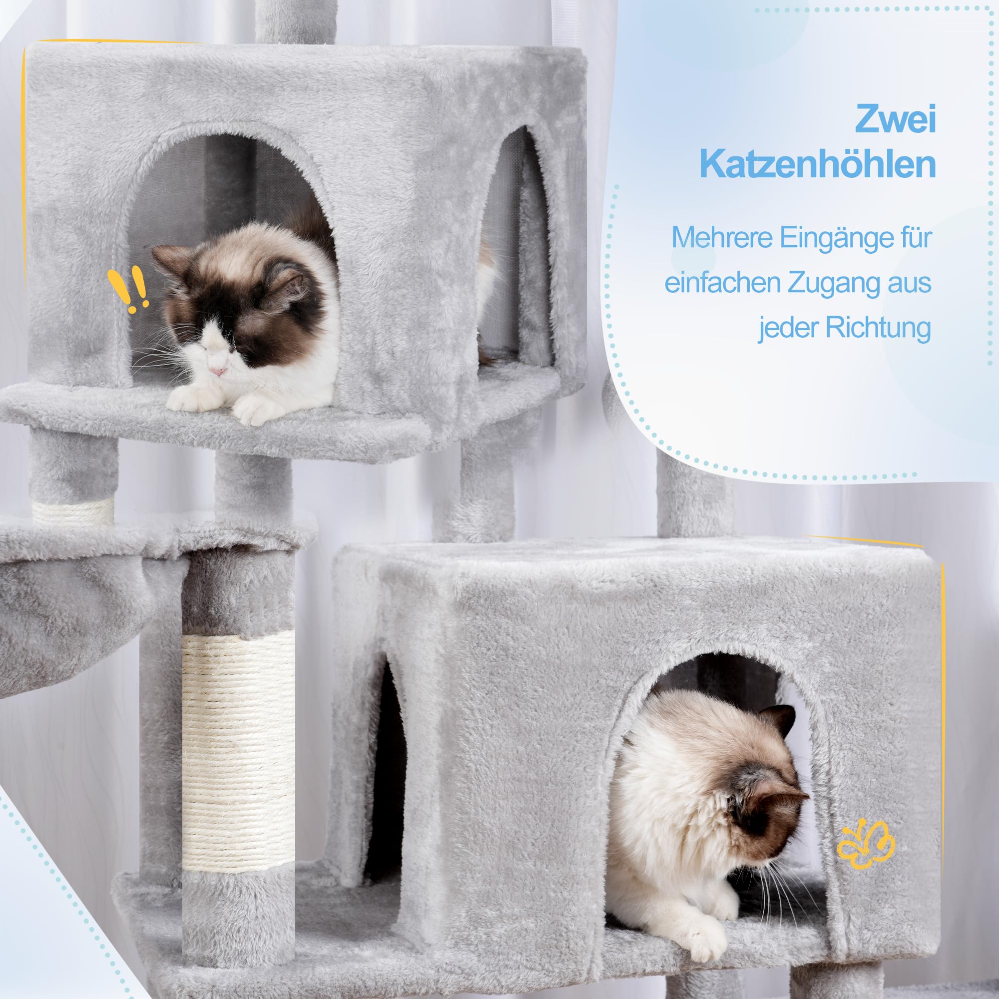 Hey-brother 180 cm XXL Kratzbaum, mit Erweiterung Platz, stabil, MPJ038W | Katzenbaum mit 3 gemütlichen Plattformen, 3 Grosse Höhle und 2 Korb, geeignet für Mehrkatzenhaushalte, Hellgrau