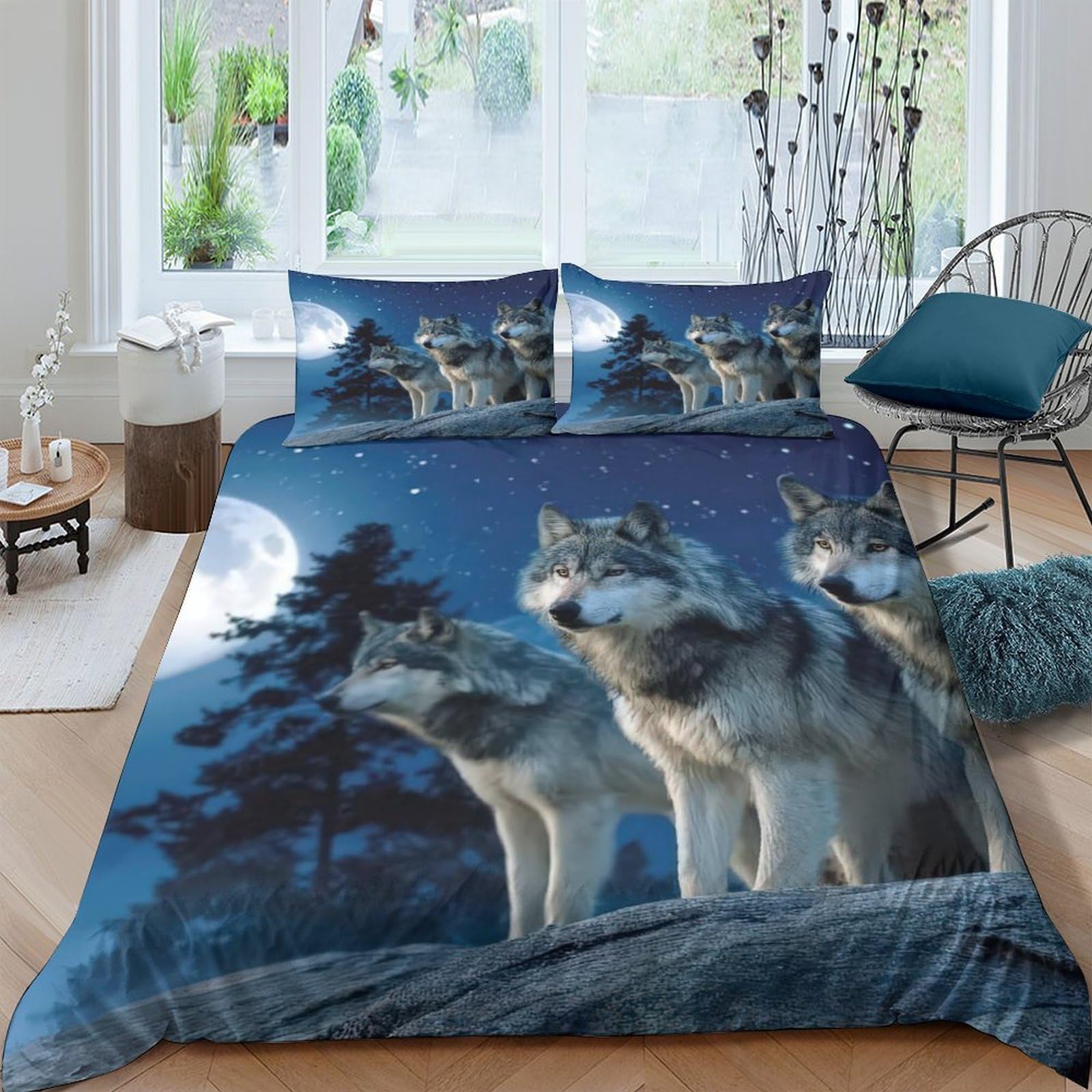 Ctjqhvkz Style-5 3D Printed Wolf Moon Fitted Sheet Microfiber Soft Breathable Forest Night Bed Cover For Bedroom Dorm Decor Single（135X200cm）